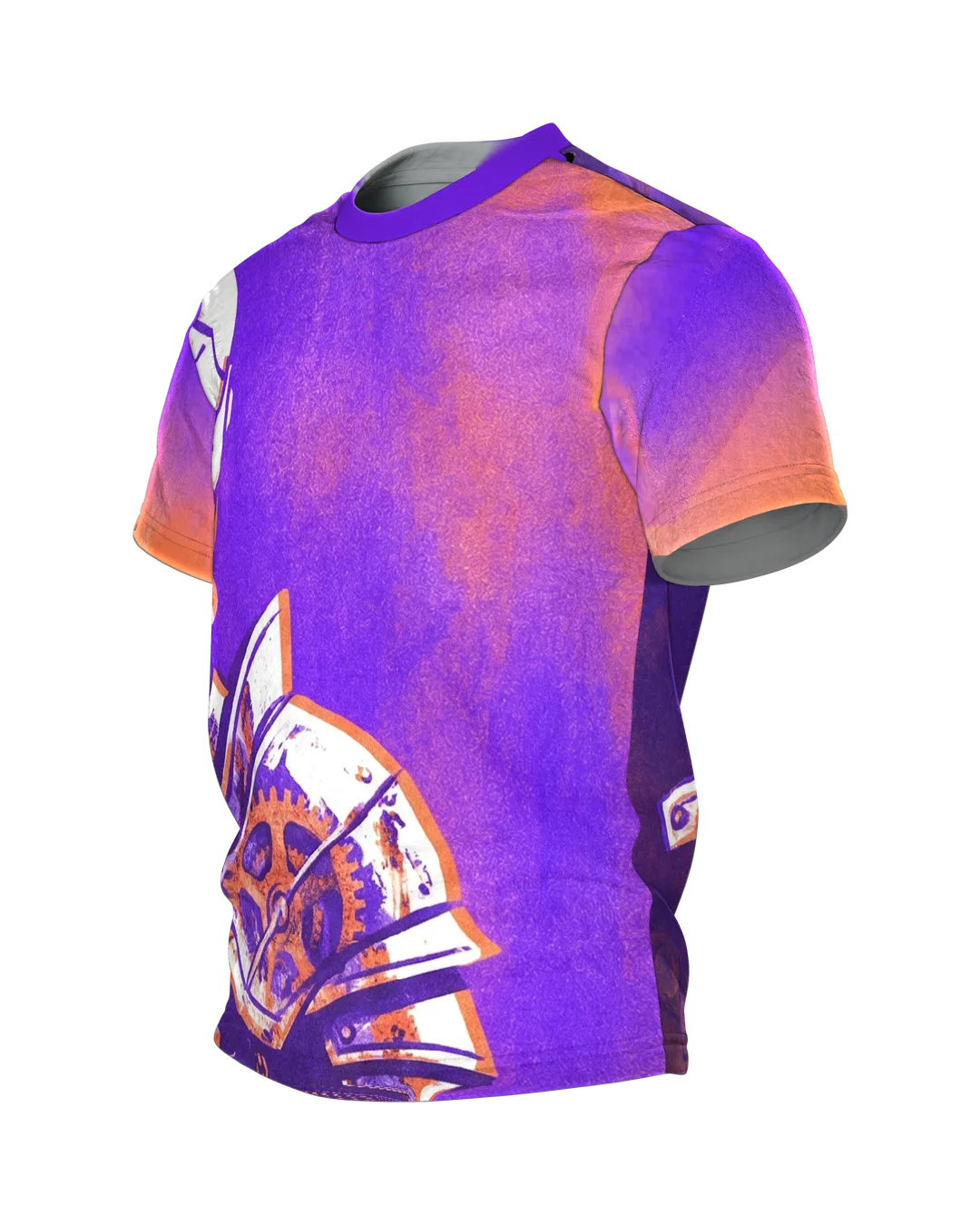 Steampunk Ritter T-Shirt, Zahnrad-Rüstung im Riso-Stil in Lila Orange als Allover, Seitenansicht rechts