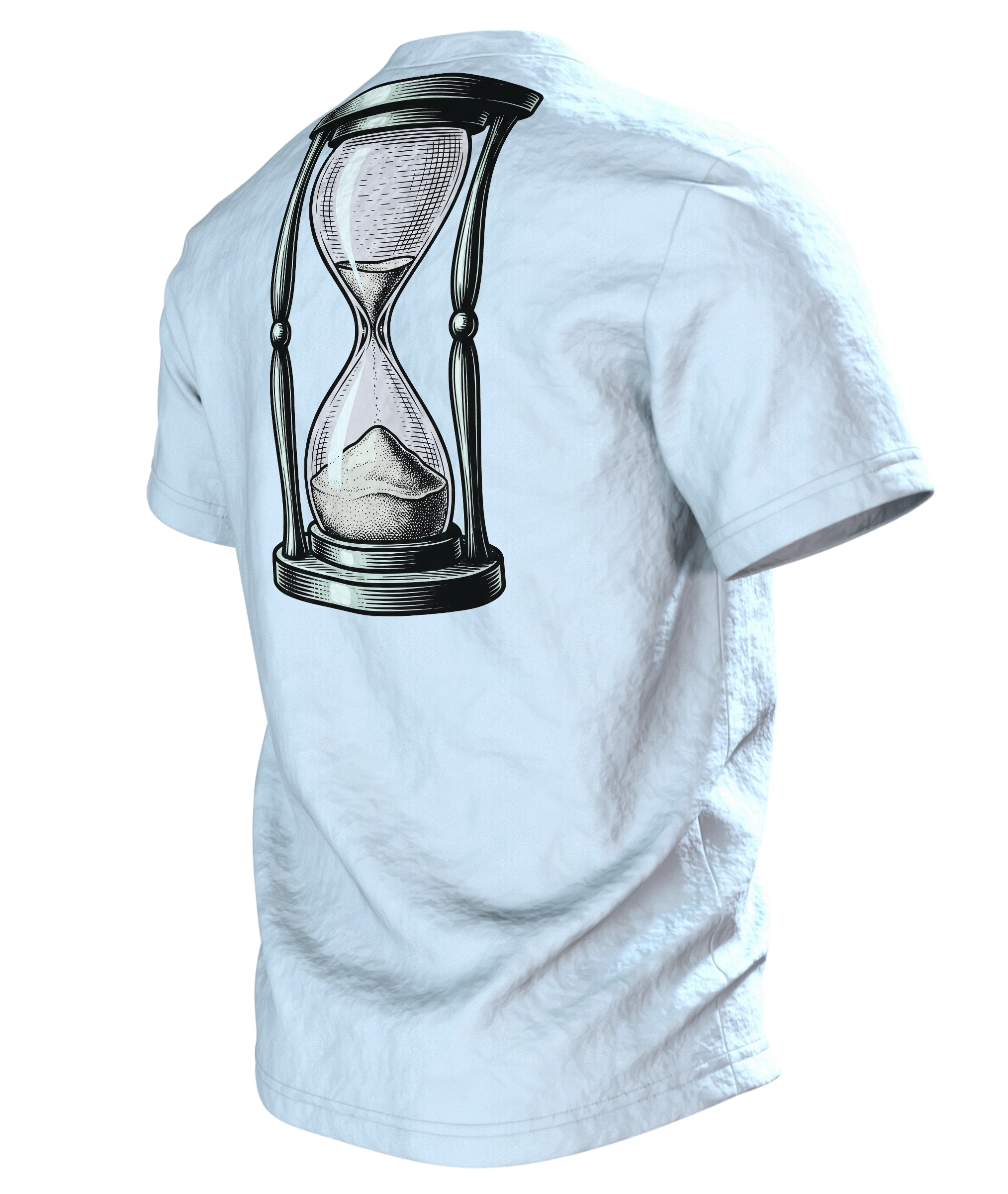 Wecker T-Shirt "Montage sind Montage", zerfließende Uhr im Gravur-Stil, Rückseite schräg links