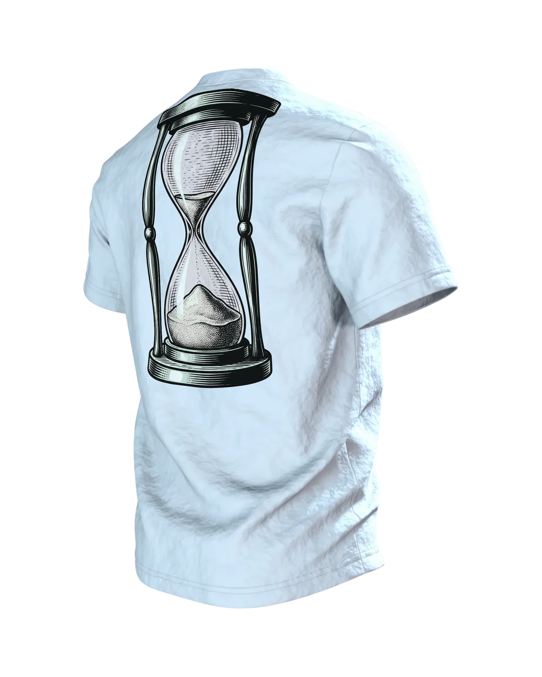 Wecker T-Shirt "Montage sind Montage", zerfließende Uhr im Gravur-Stil, Rückseite schräg links