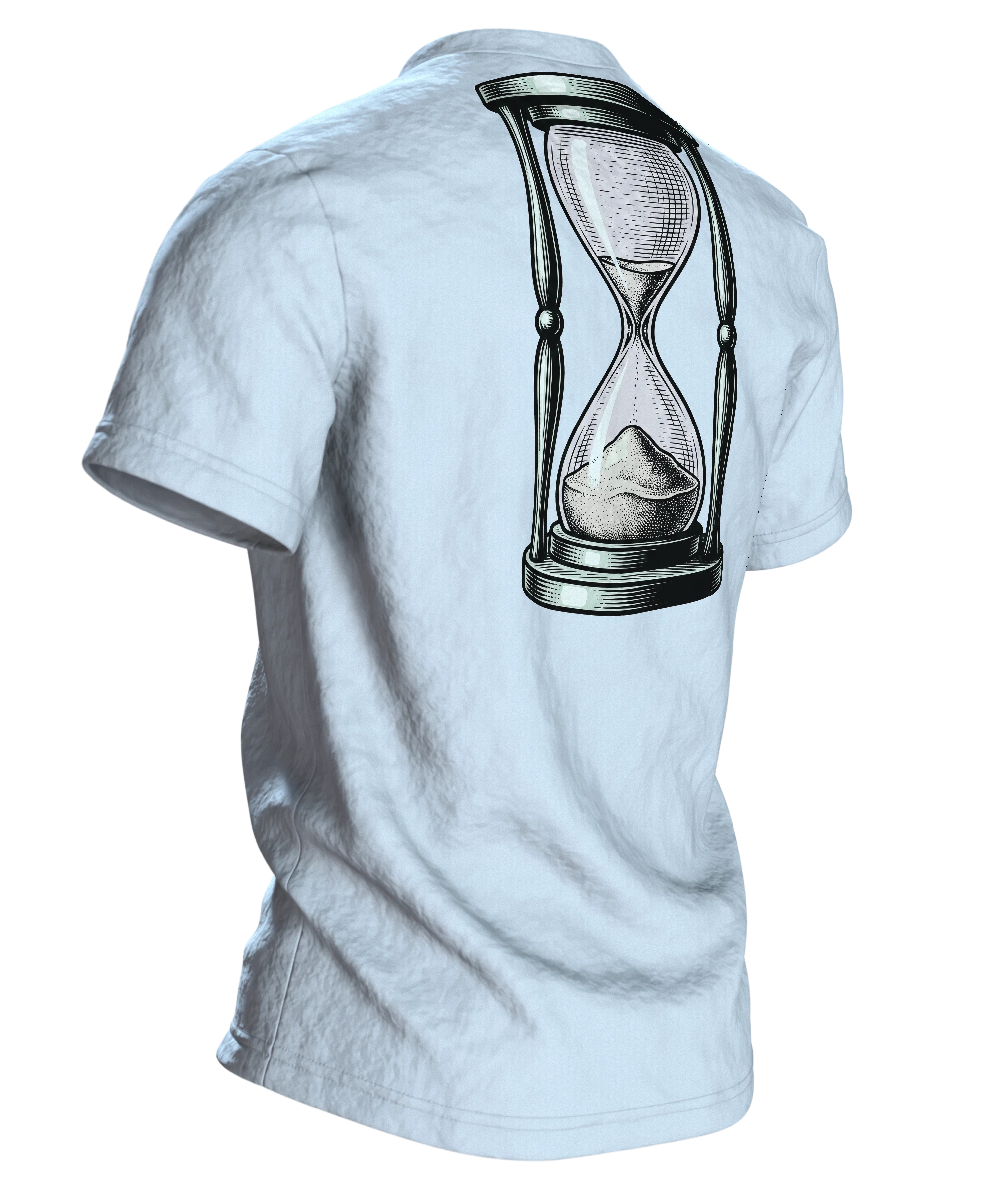 Wecker T-Shirt "Montage sind Montage", zerfließende Uhr im Gravur-Stil, Rückseite schräg rechts
