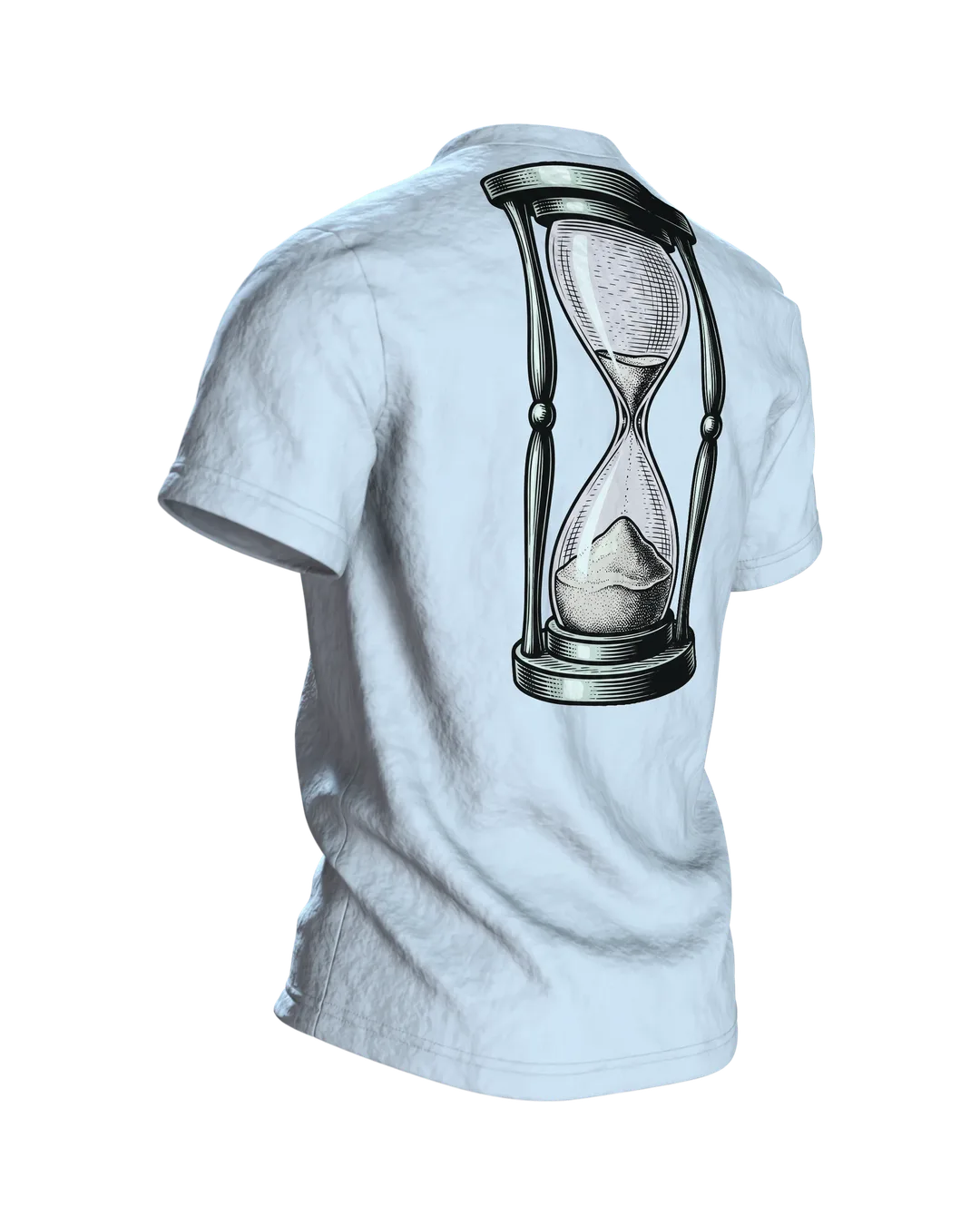Wecker T-Shirt "Montage sind Montage", zerfließende Uhr im Gravur-Stil, Rückseite schräg rechts