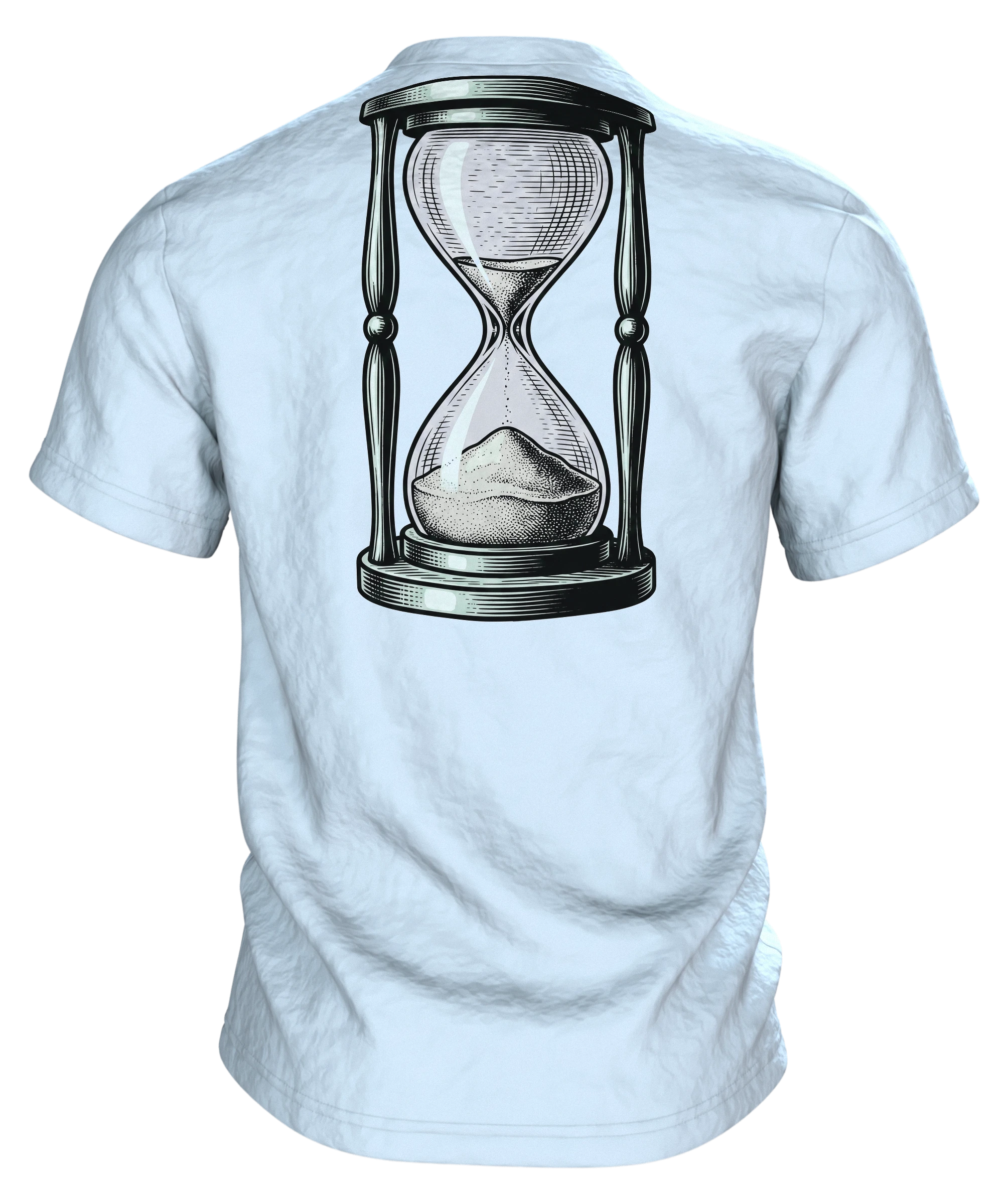 Wecker T-Shirt "Montage sind Montage", zerfließende Uhr im Gravur-Stil, Rückseite