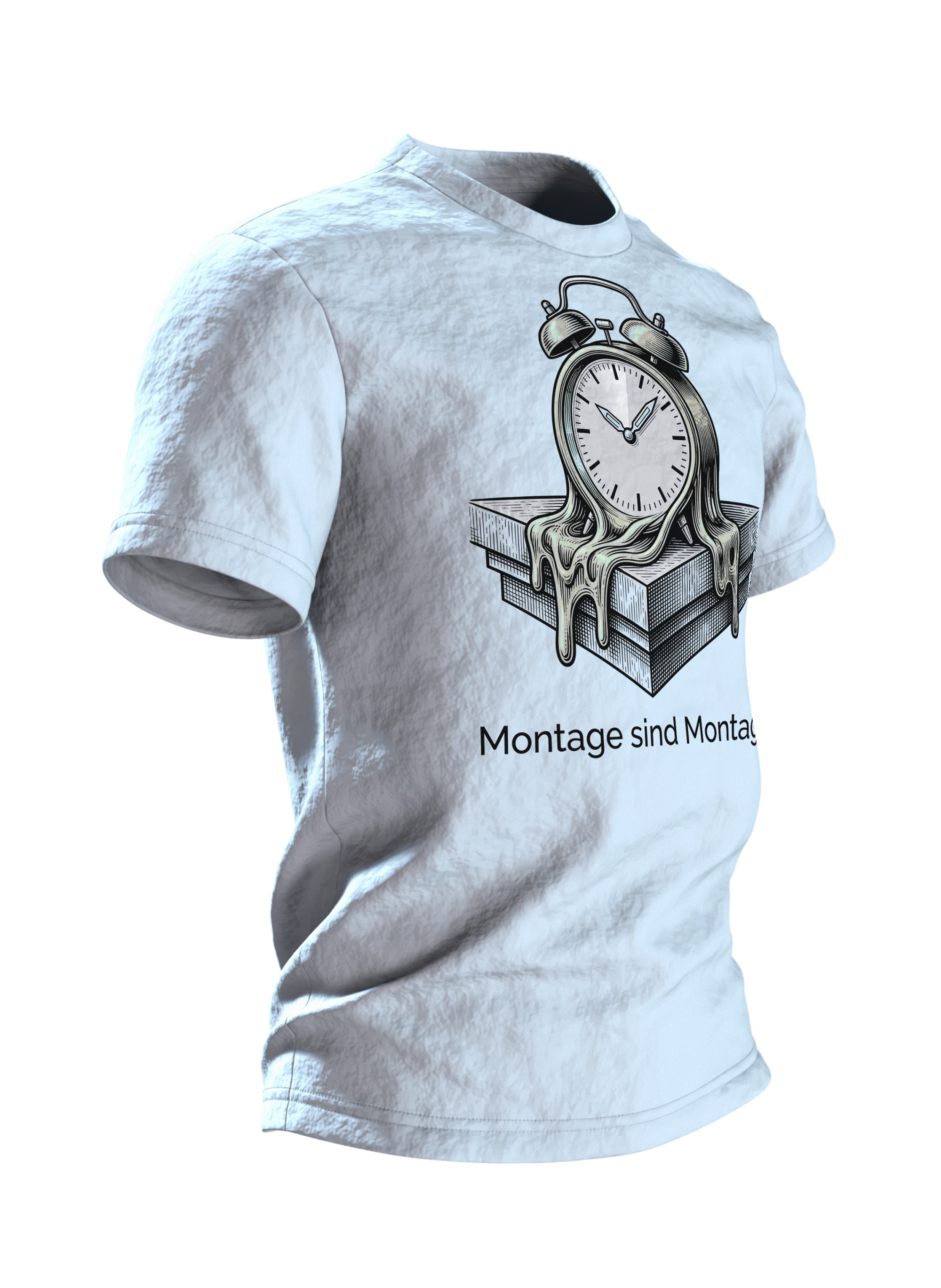 Wecker T-Shirt "Montage sind Montage", zerfließende Uhr im Gravur-Stil, Seitenansicht links
