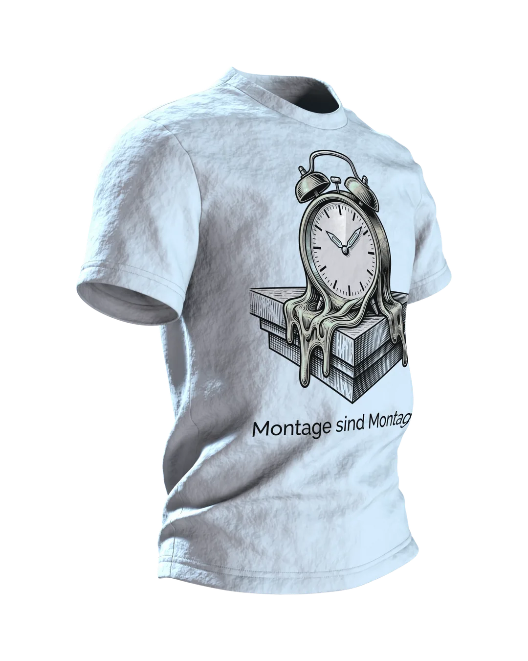 Wecker T-Shirt "Montage sind Montage", zerfließende Uhr im Gravur-Stil, Seitenansicht links