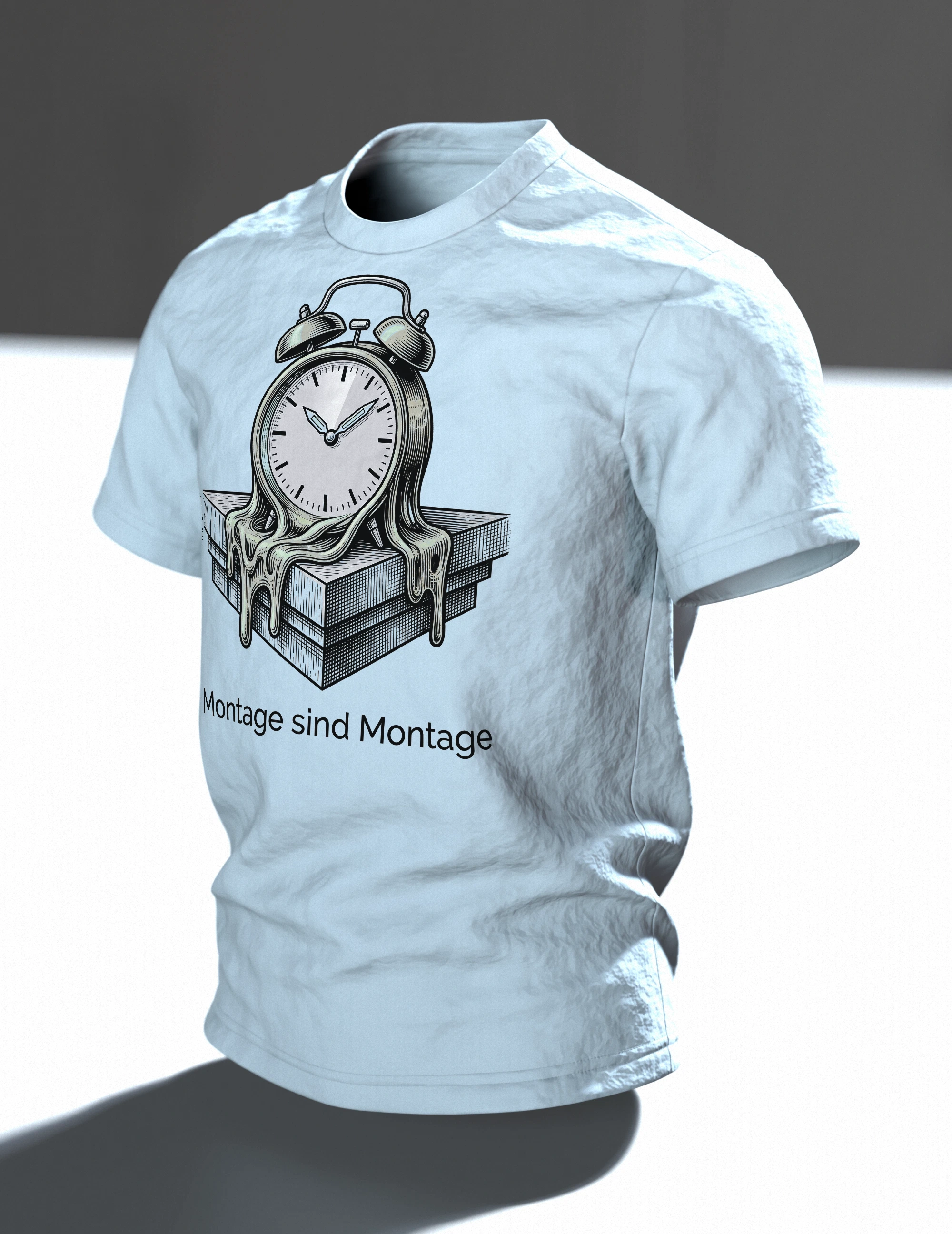 Wecker T-Shirt "Montage sind Montage", zerfließende Uhr im Gravur-Stil, Im Raum, schräg