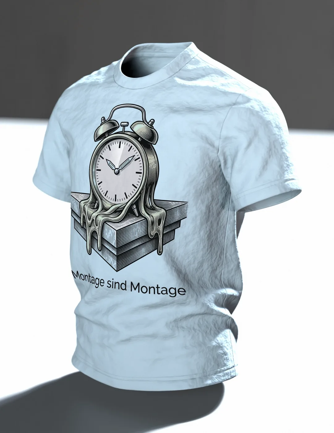 Wecker T-Shirt "Montage sind Montage", zerfließende Uhr im Gravur-Stil, Im Raum, schräg