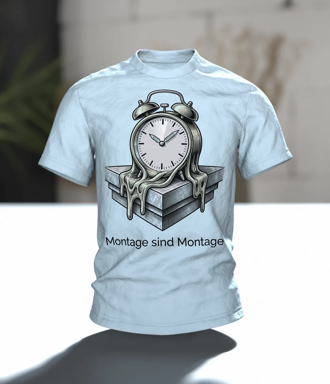 Wecker T-Shirt "Montage sind Montage", zerfließende Uhr im Gravur-Stil, Im Raum