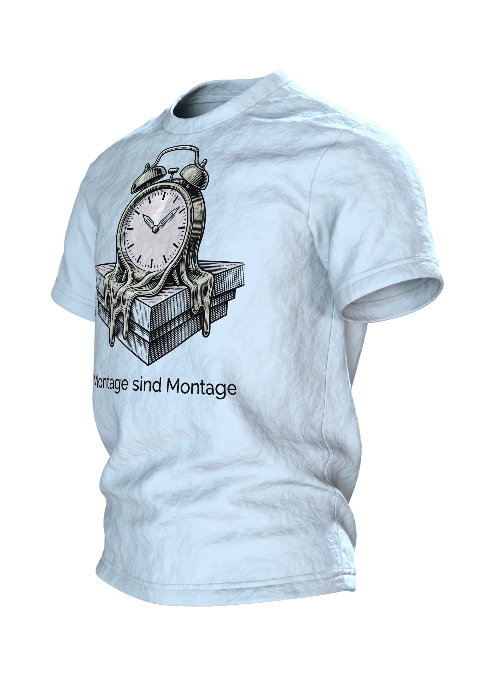Wecker T-Shirt "Montage sind Montage", zerfließende Uhr im Gravur-Stil, Seitenansicht rechts