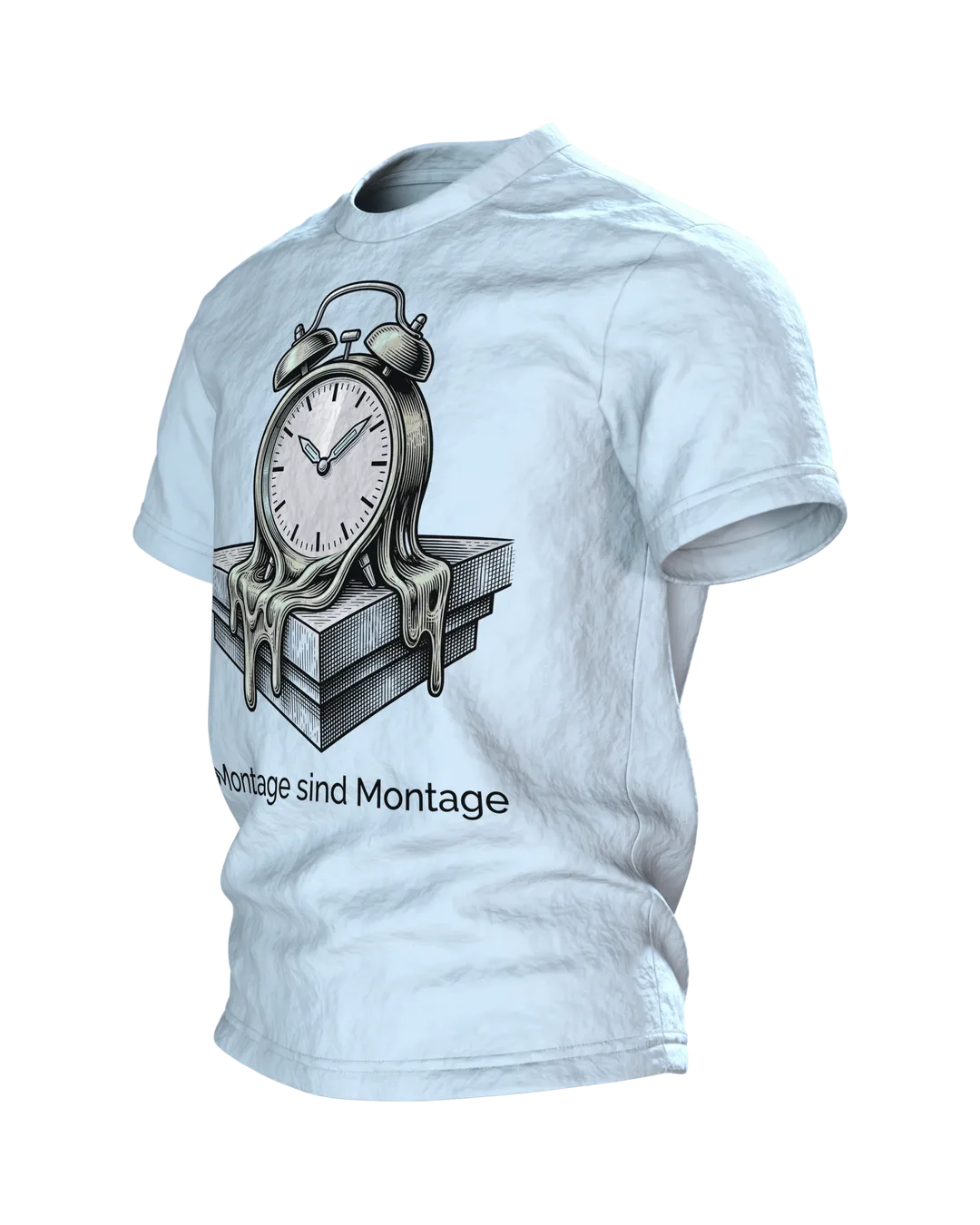 Wecker T-Shirt "Montage sind Montage", zerfließende Uhr im Gravur-Stil, Seitenansicht rechts