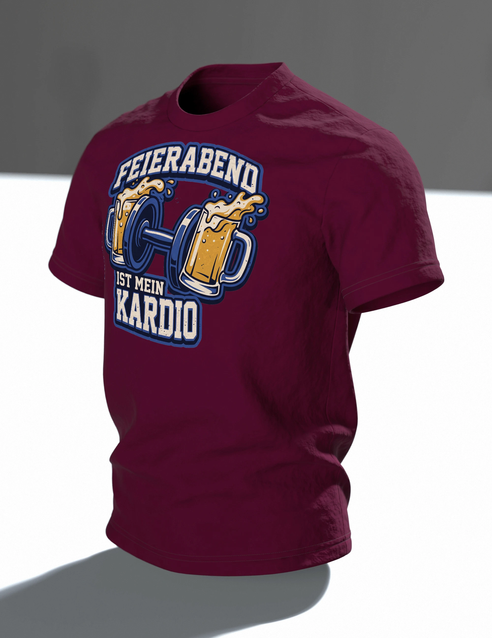 Bierkrug Hantel T-Shirt "Feierabend ist mein Kardio", Vereinswappen mit Kronkorken-Sohle, Im Raum, schräg