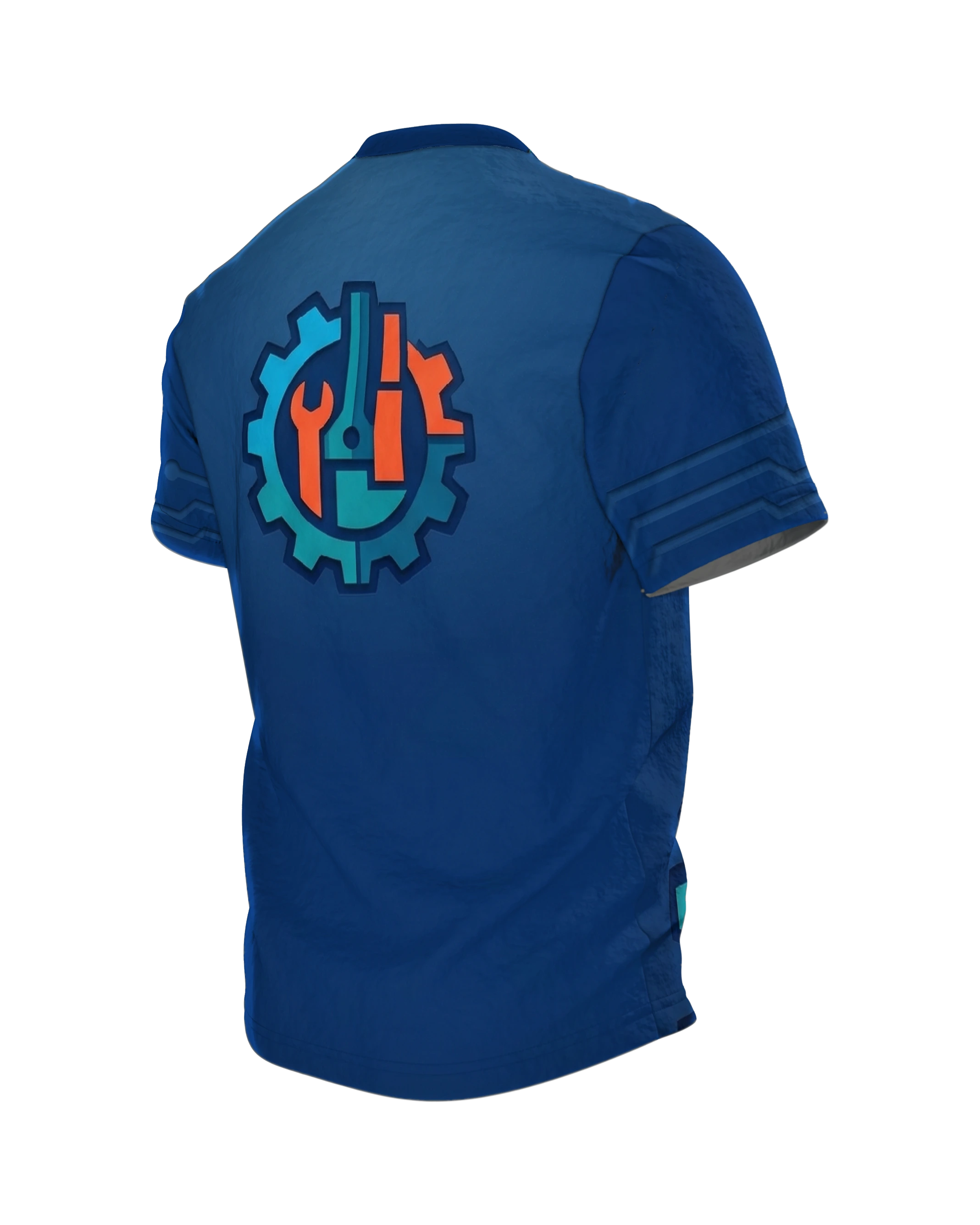 Astronaut Ingenieur T-Shirt: Astronautenhelm im Zahnrad als Papierschnitt-Emblem, Werkzeug-Abzeichen am Rücken, Rückseite schräg links