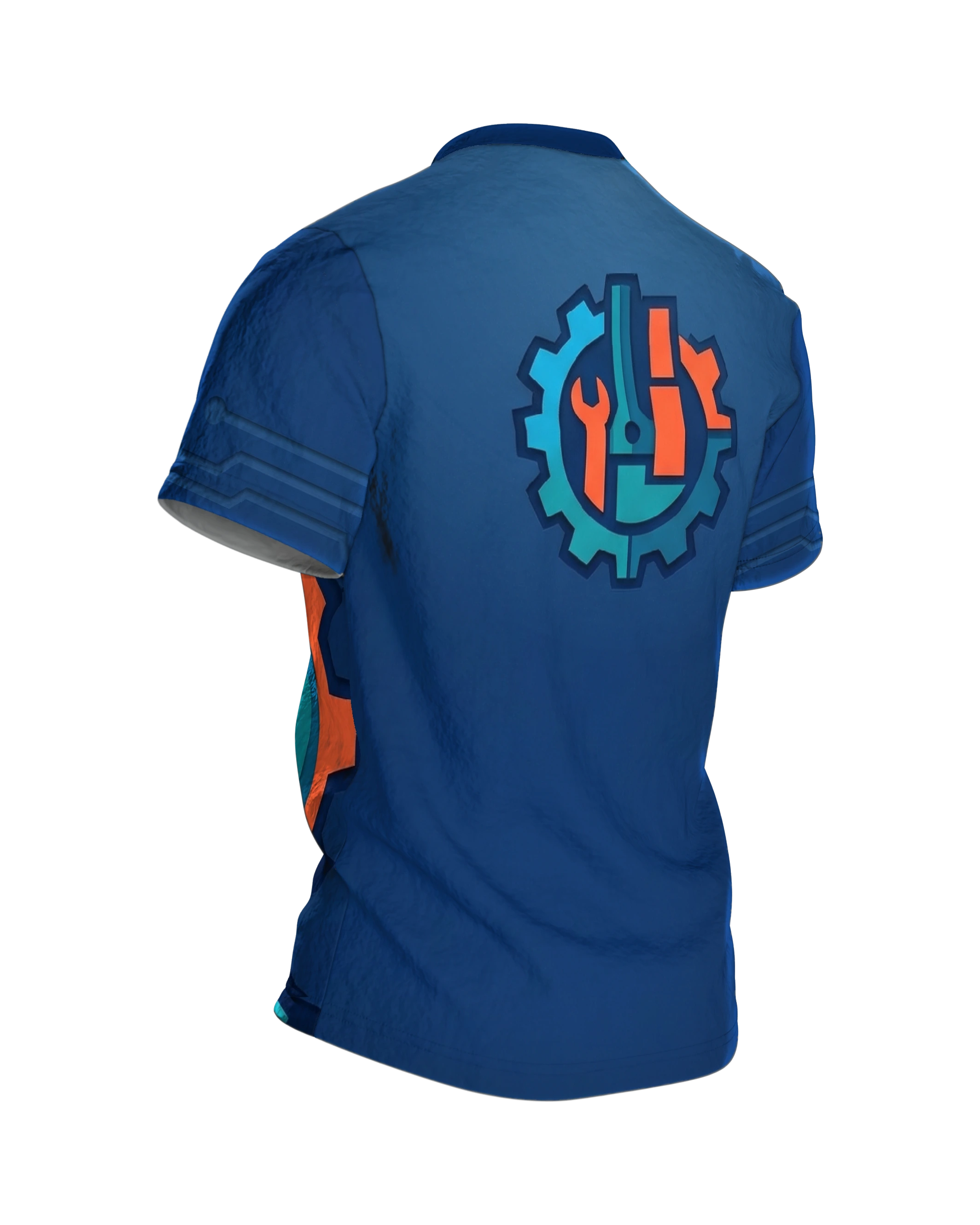 Astronaut Ingenieur T-Shirt: Astronautenhelm im Zahnrad als Papierschnitt-Emblem, Werkzeug-Abzeichen am Rücken, Rückseite schräg rechts