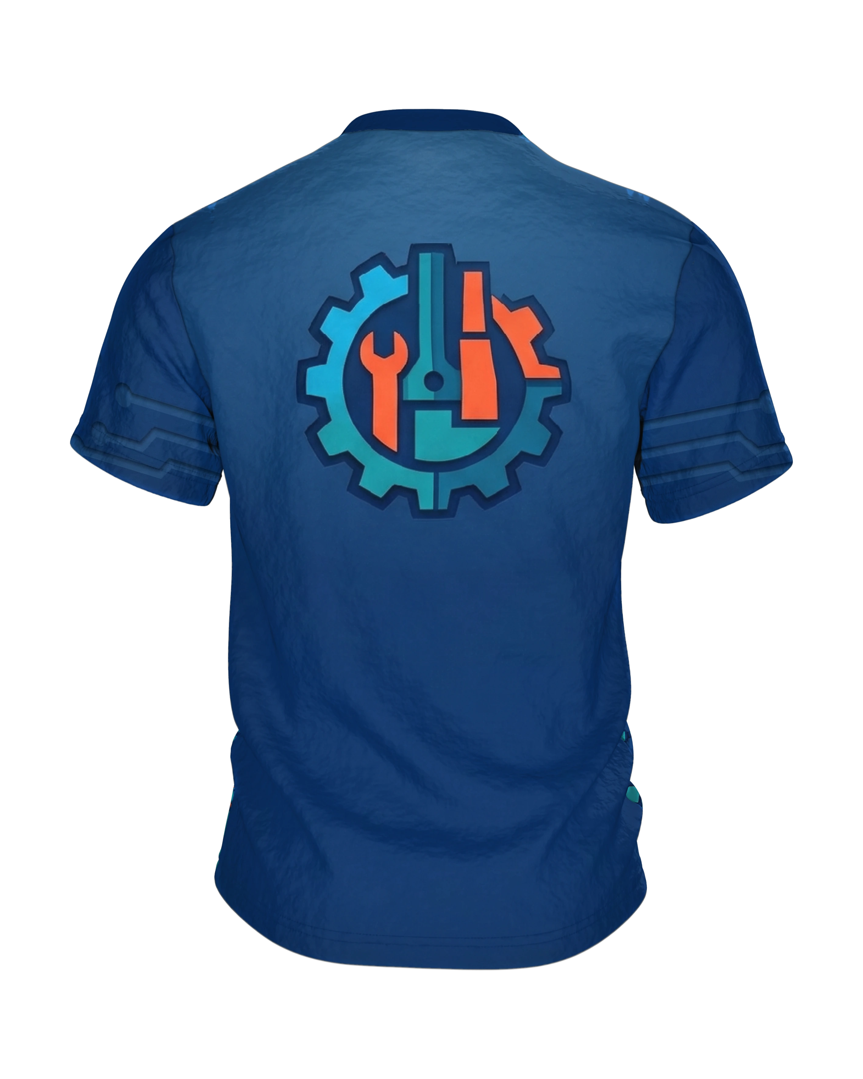 Astronaut Ingenieur T-Shirt: Astronautenhelm im Zahnrad als Papierschnitt-Emblem, Werkzeug-Abzeichen am Rücken, Rückseite