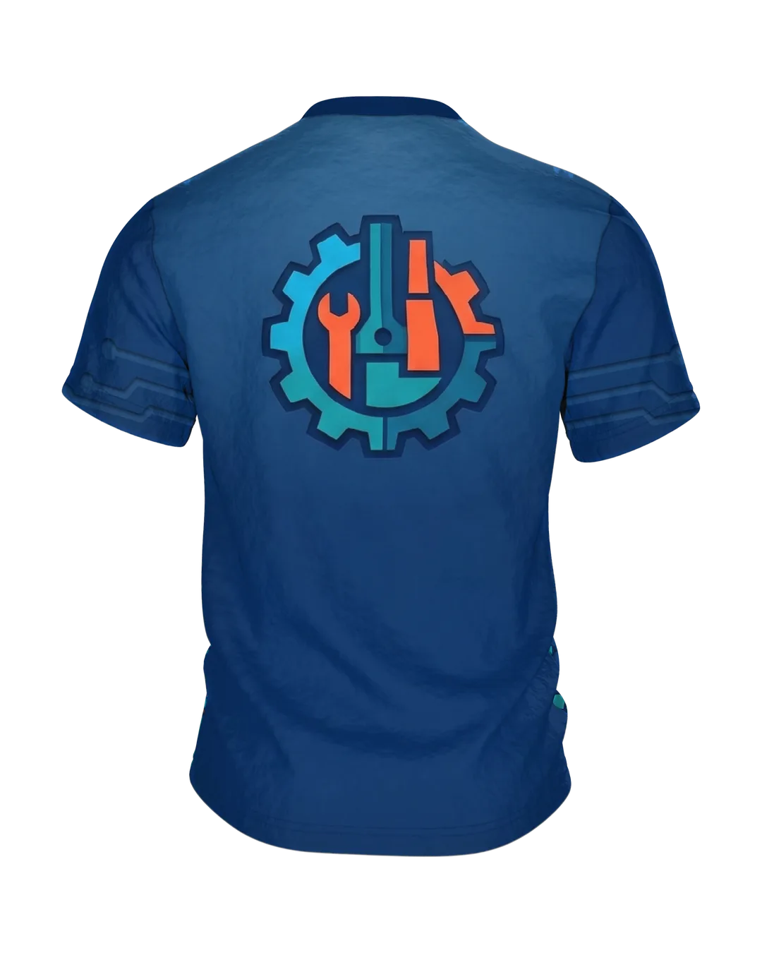 Astronaut Ingenieur T-Shirt: Astronautenhelm im Zahnrad als Papierschnitt-Emblem, Werkzeug-Abzeichen am Rücken, Rückseite