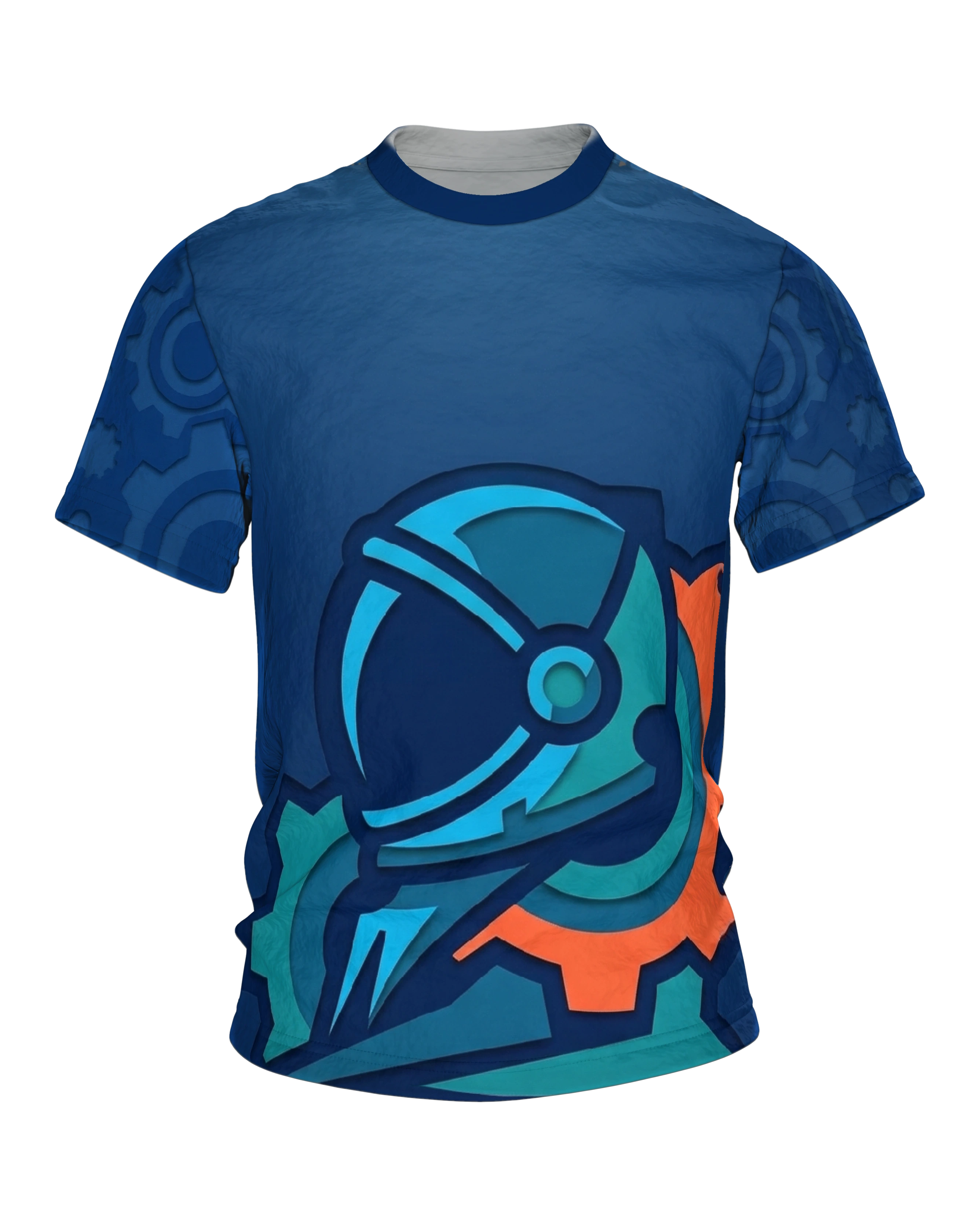 Astronaut Ingenieur T-Shirt: Astronautenhelm im Zahnrad als Papierschnitt-Emblem, Werkzeug-Abzeichen am Rücken