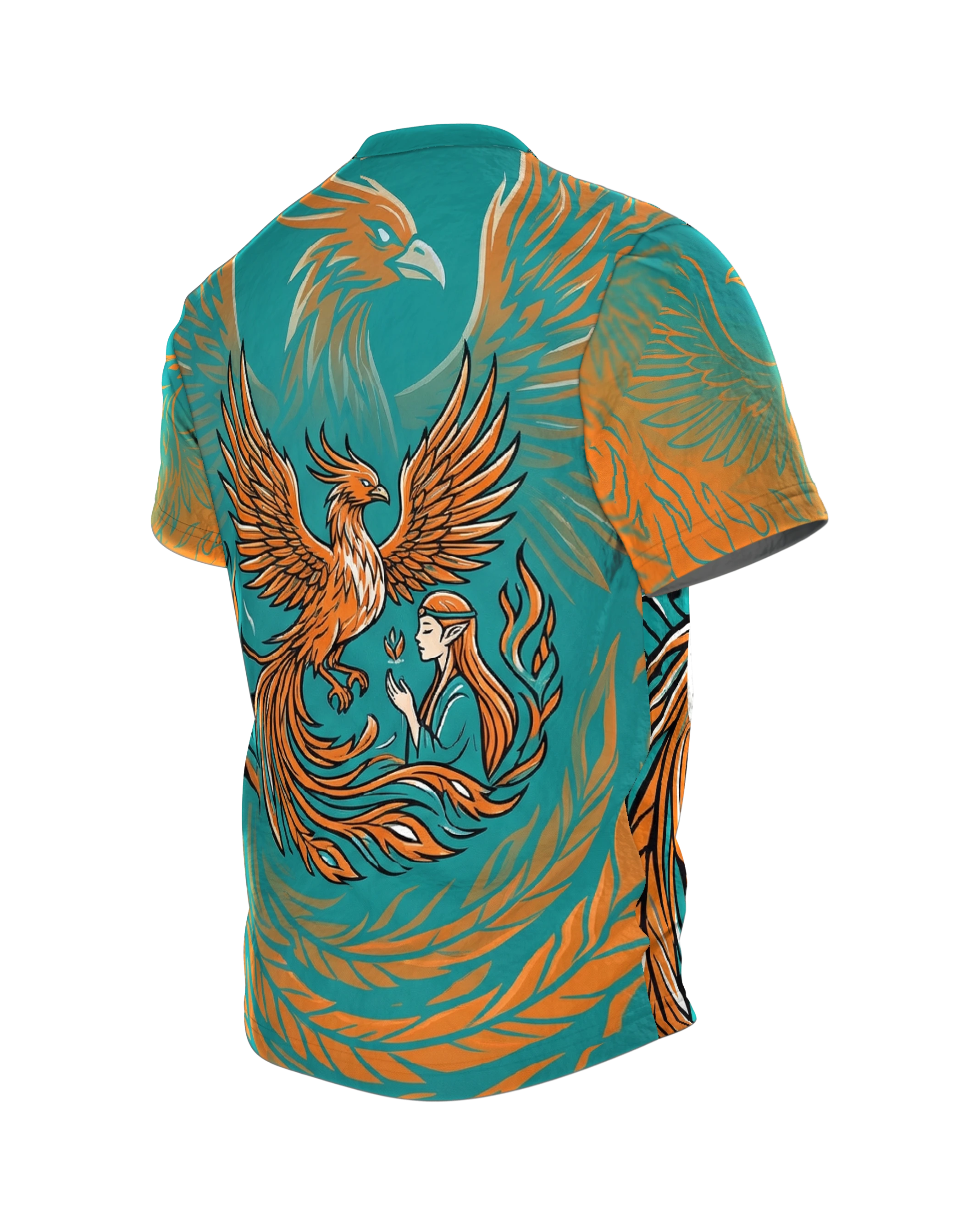 Phönix & Elfe T-Shirt: Mystische Harmonie, Rückseite schräg links
