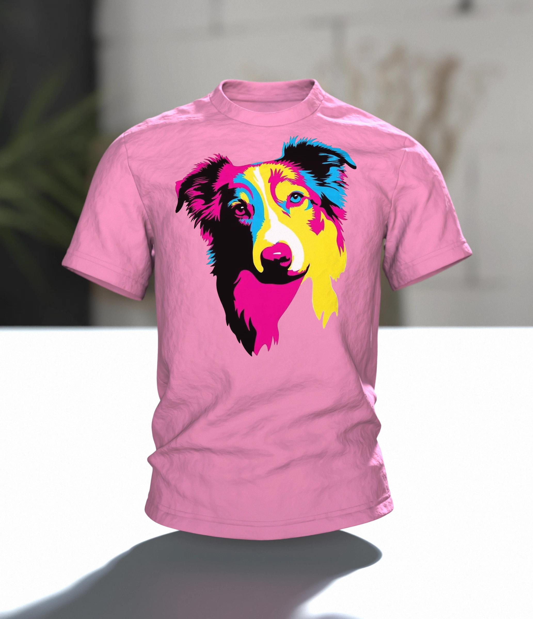 Australian Shepherd T-Shirt, Pop-Art Porträt in Magenta Cyan Gelb, Im Raum