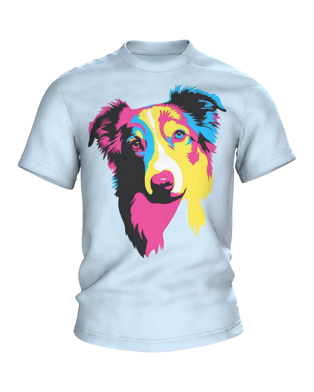 Australian Shepherd T-Shirt, Pop-Art Porträt in Magenta Cyan Gelb