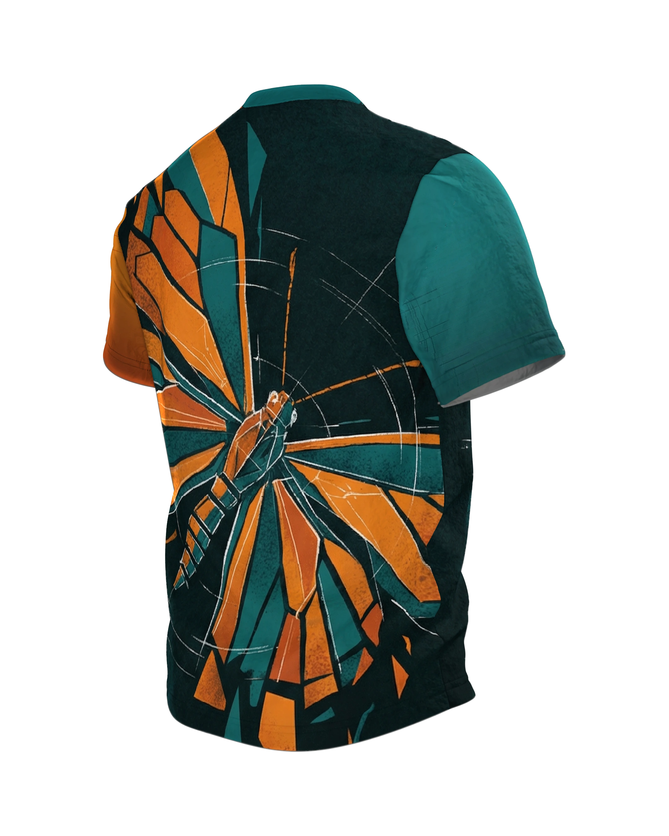 Schmetterling T-Shirt: Facetten-Falter mit Konstruktionslinien, Rückseite schräg links