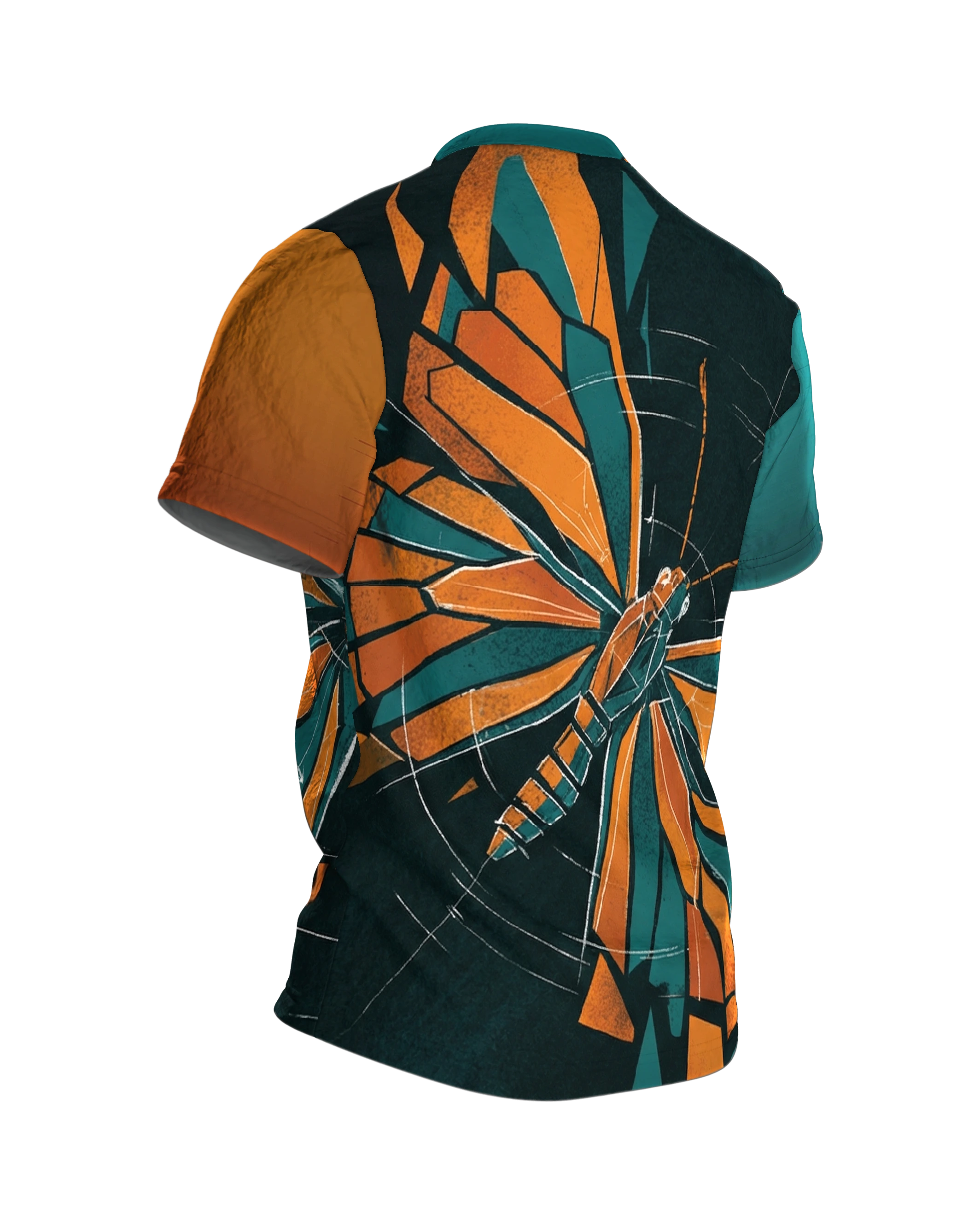 Schmetterling T-Shirt: Facetten-Falter mit Konstruktionslinien, Rückseite schräg rechts