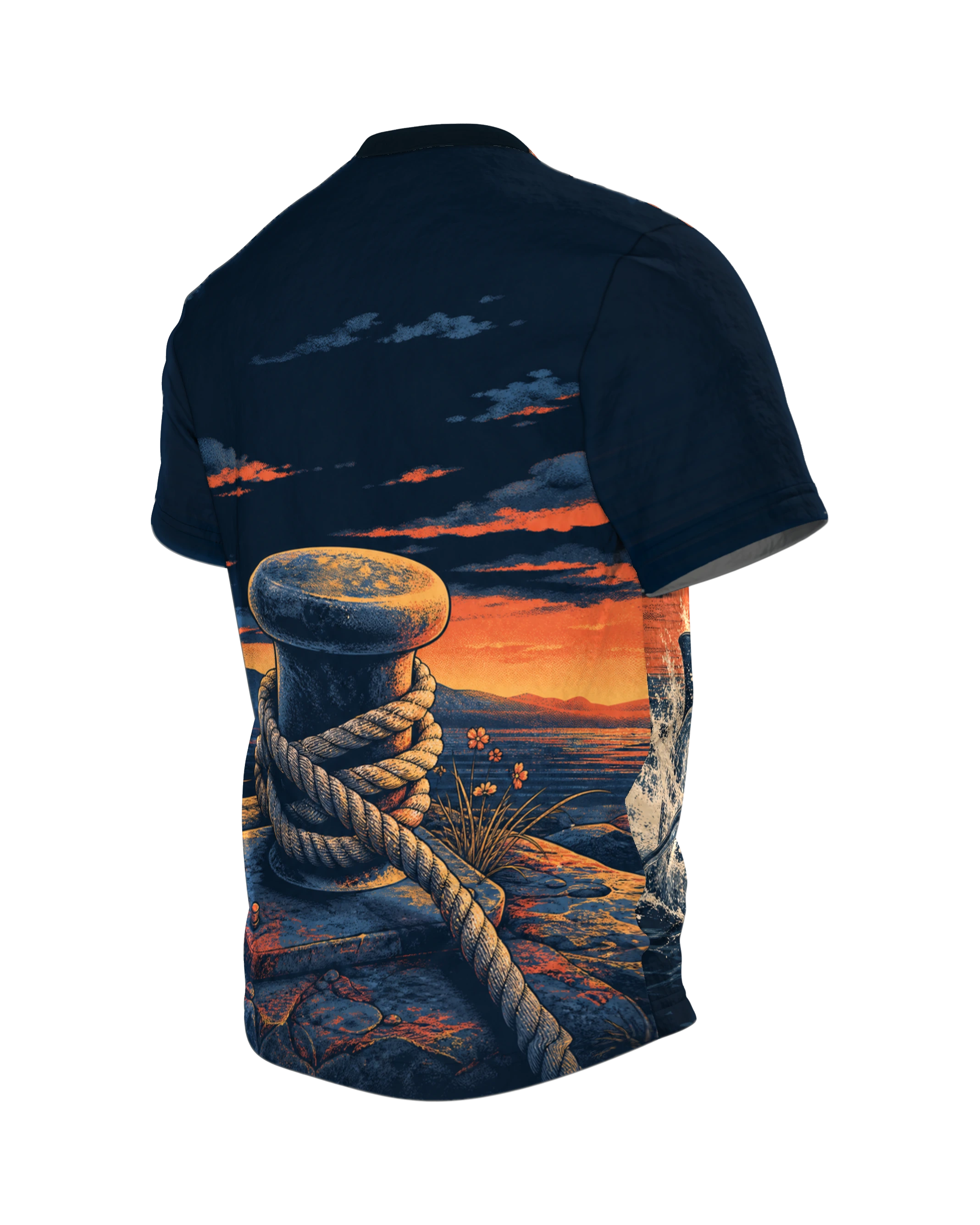 Weißer Hai T-Shirt: Welle, Boot und Abendsonne im Retro-Siebdruck, Rückseite schräg links