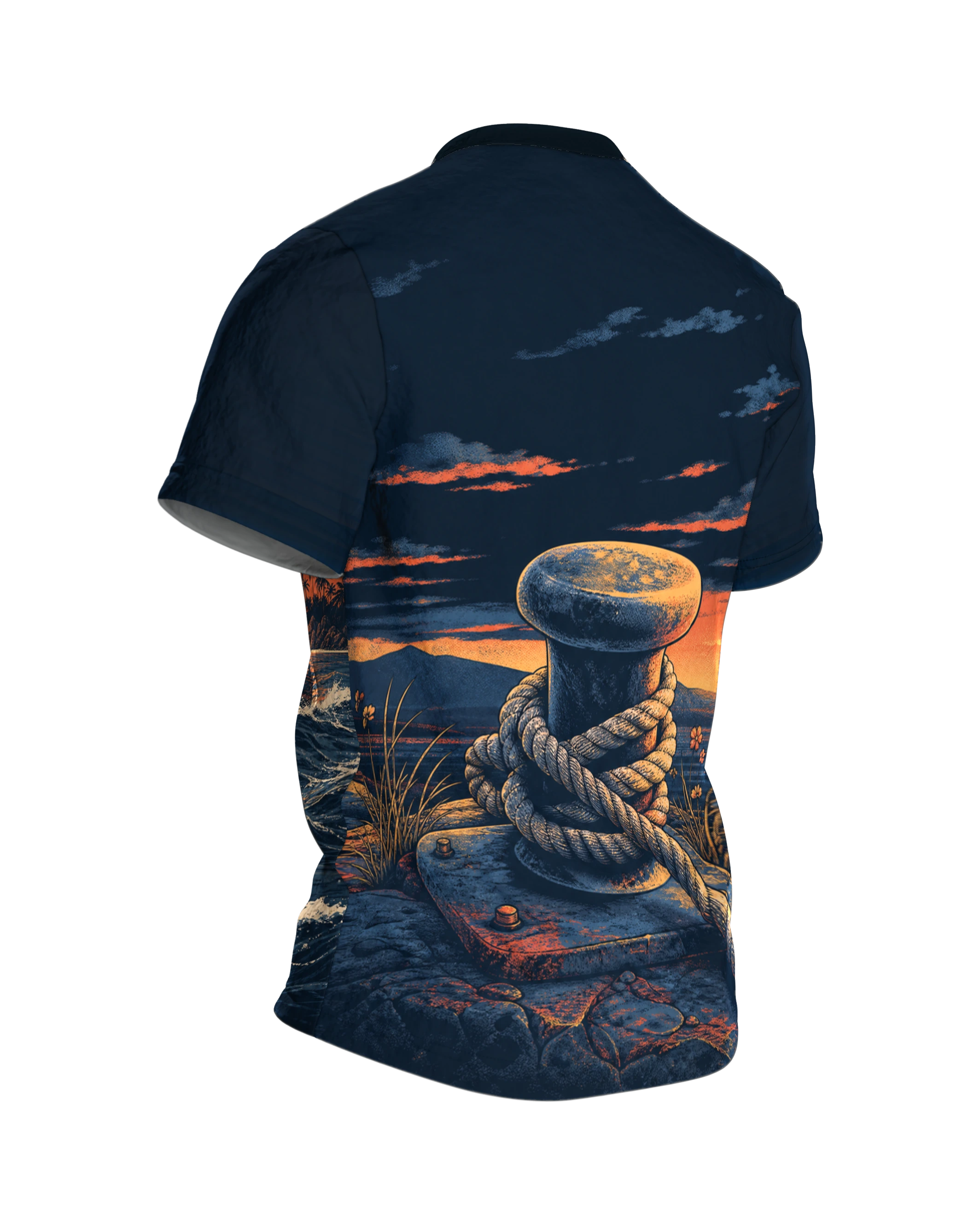 Weißer Hai T-Shirt: Welle, Boot und Abendsonne im Retro-Siebdruck, Rückseite schräg rechts