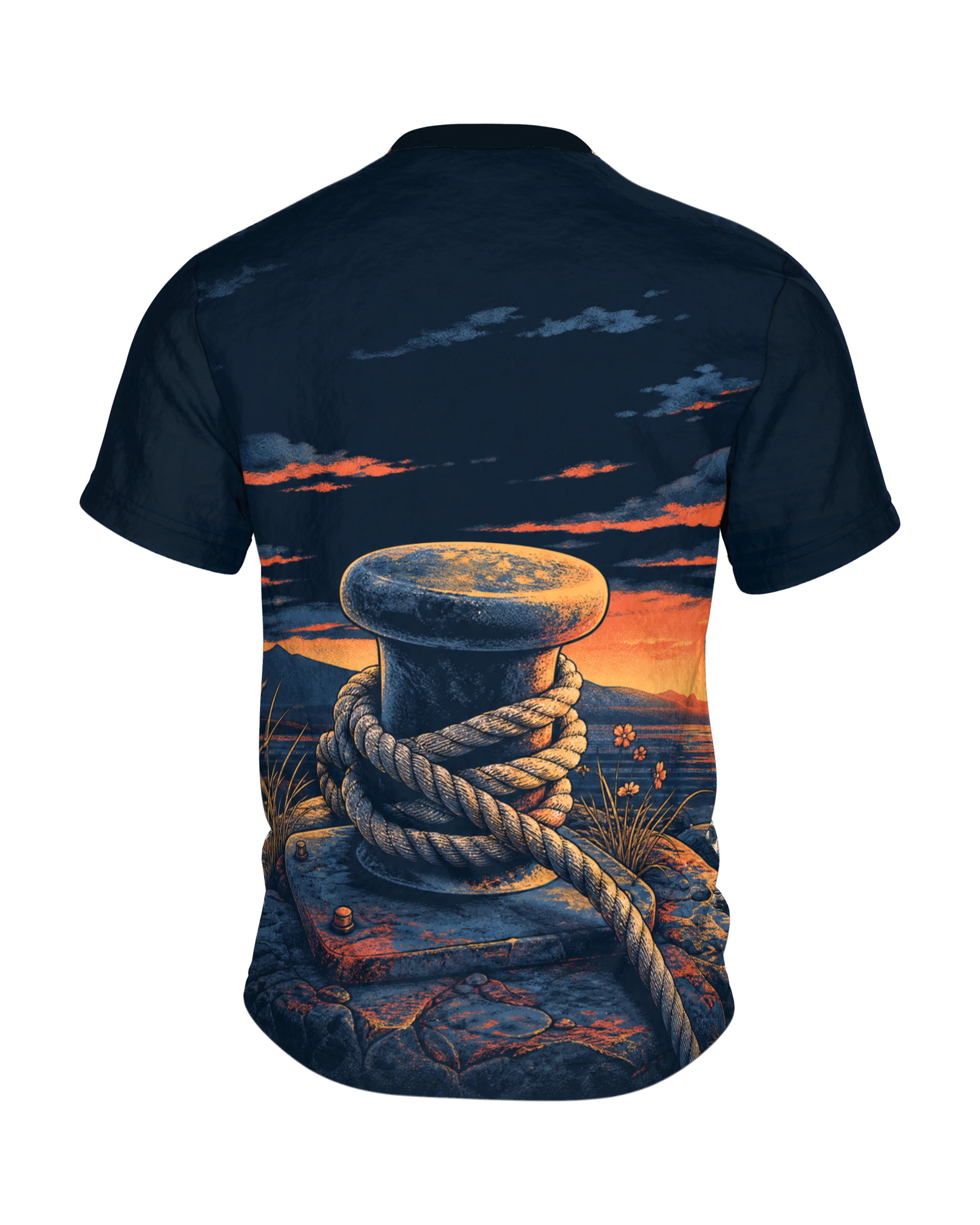 Weißer Hai T-Shirt: Welle, Boot und Abendsonne im Retro-Siebdruck, Rückseite