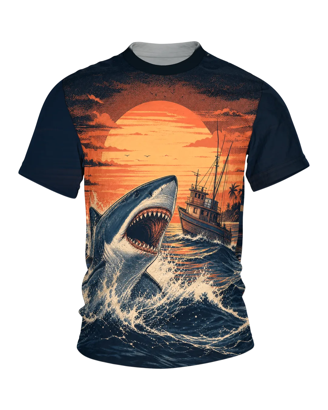 Weißer Hai T-Shirt: Welle, Boot und Abendsonne im Retro-Siebdruck