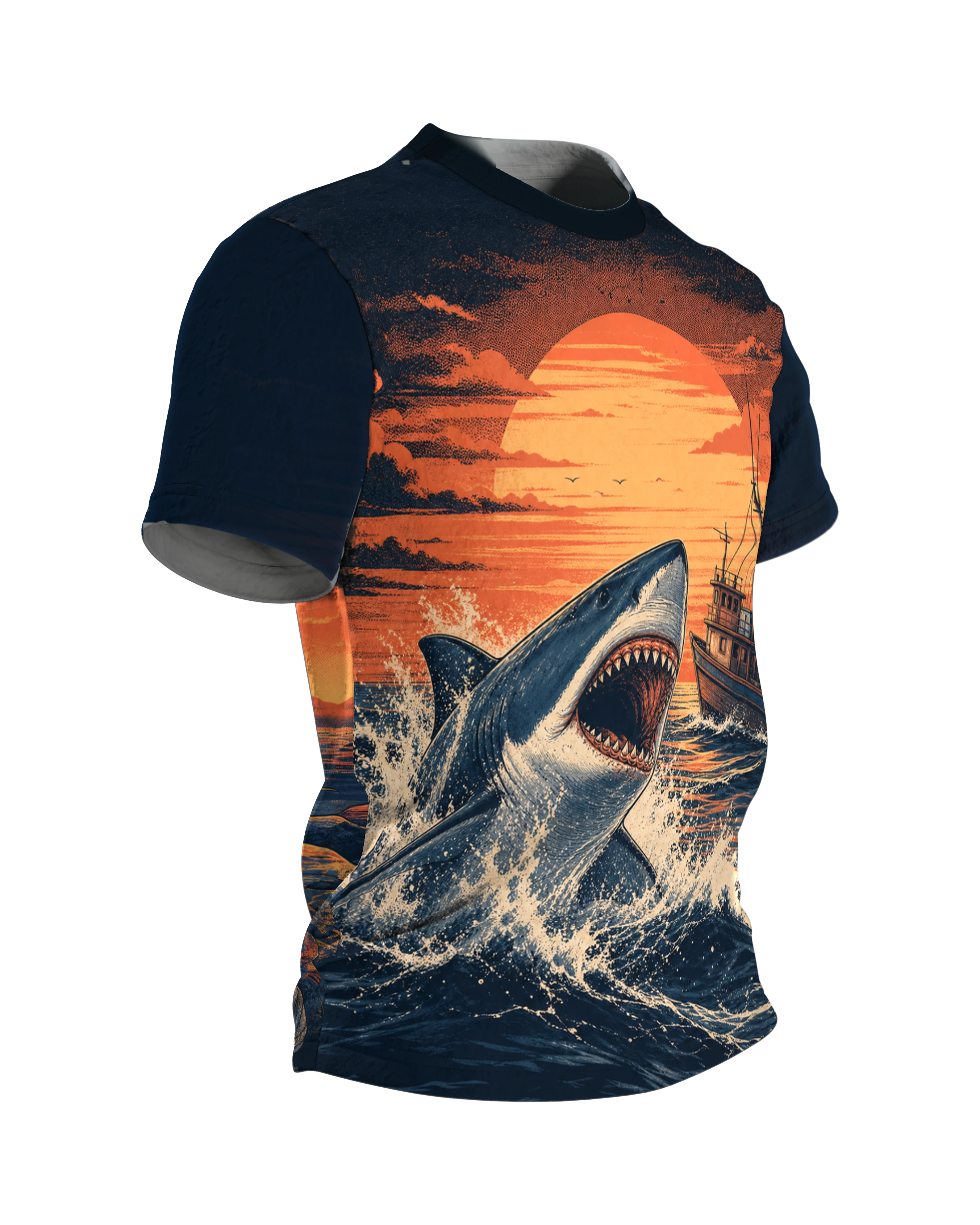 Weißer Hai T-Shirt: Welle, Boot und Abendsonne im Retro-Siebdruck, Seitenansicht links