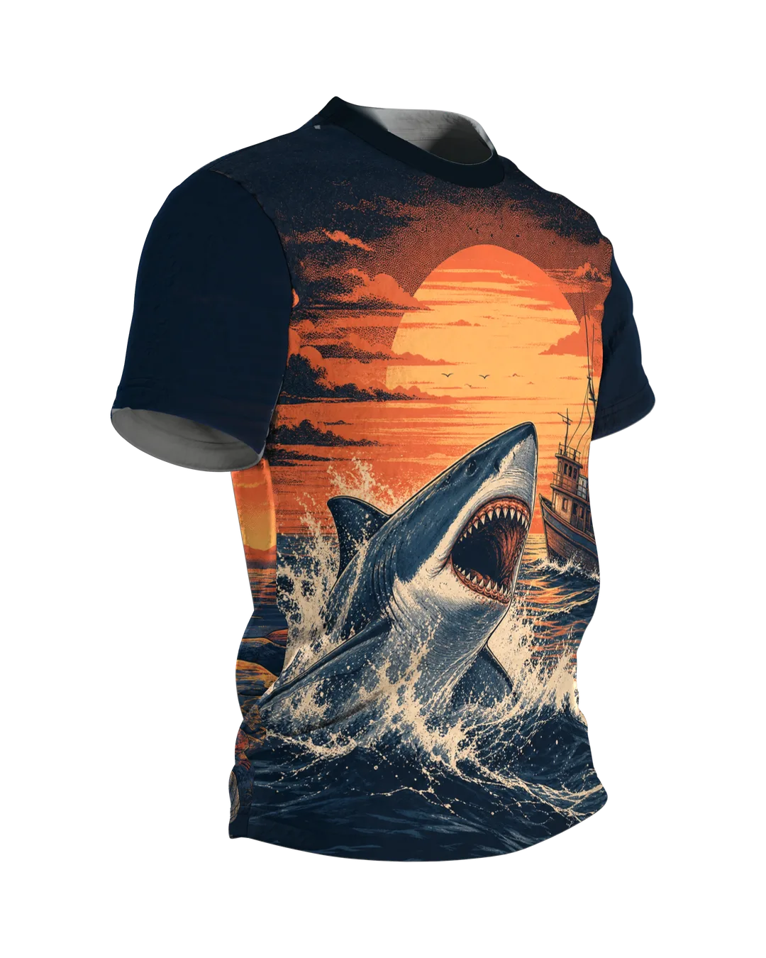 Weißer Hai T-Shirt: Welle, Boot und Abendsonne im Retro-Siebdruck, Seitenansicht links