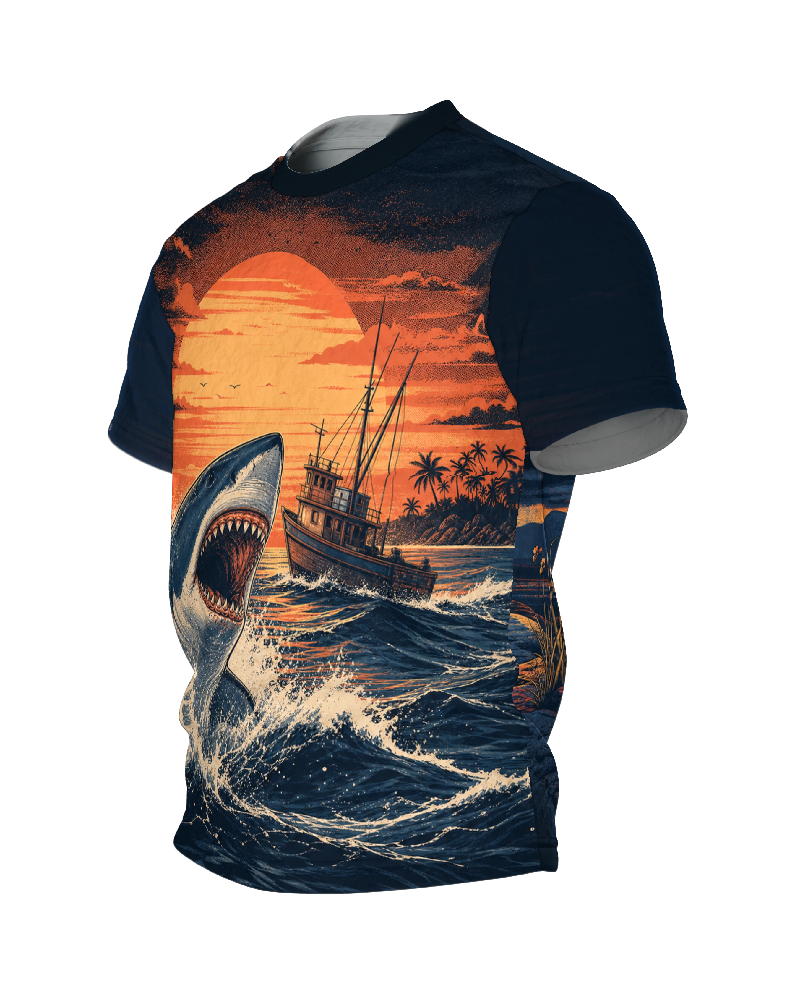 Weißer Hai T-Shirt: Welle, Boot und Abendsonne im Retro-Siebdruck, Seitenansicht rechts