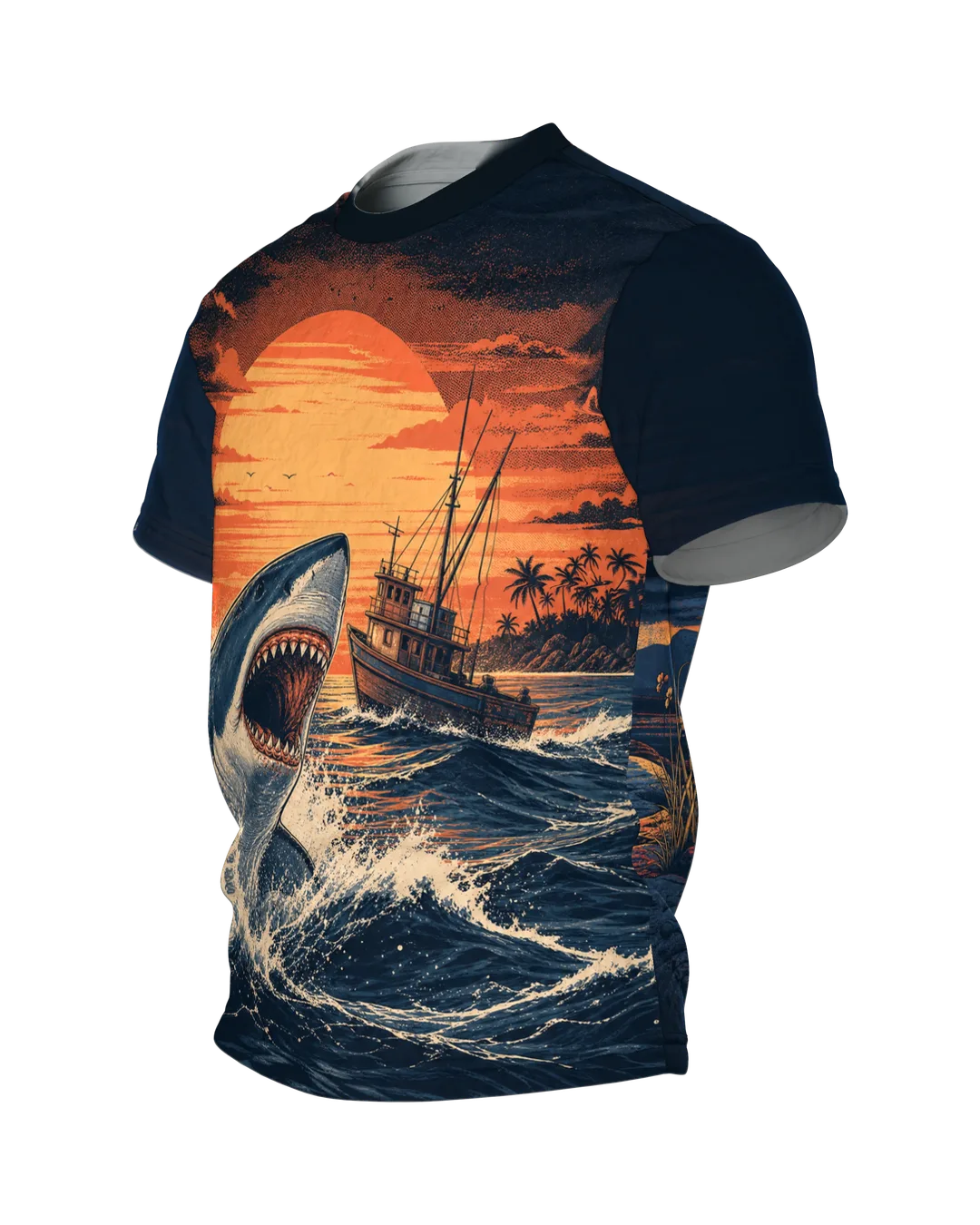Weißer Hai T-Shirt: Welle, Boot und Abendsonne im Retro-Siebdruck, Seitenansicht rechts