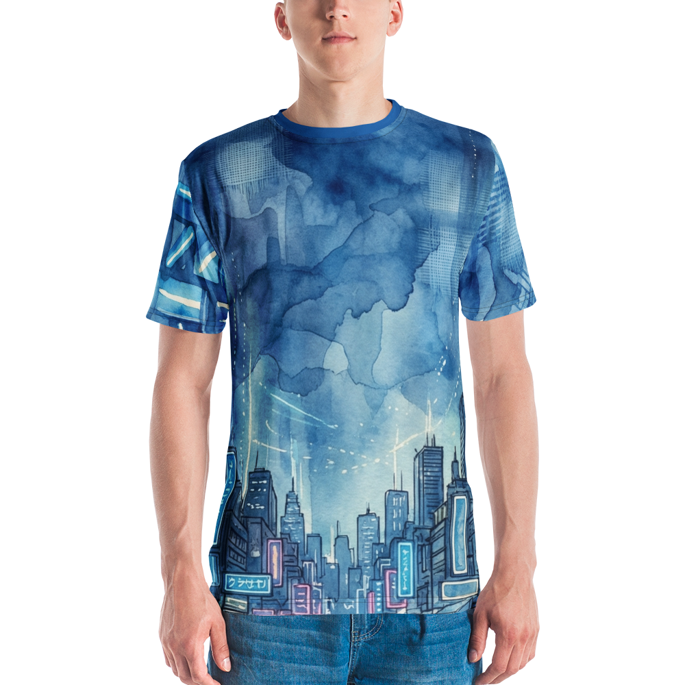 Cyberpunk City Aquarell T-Shirt – Blaue Metropole