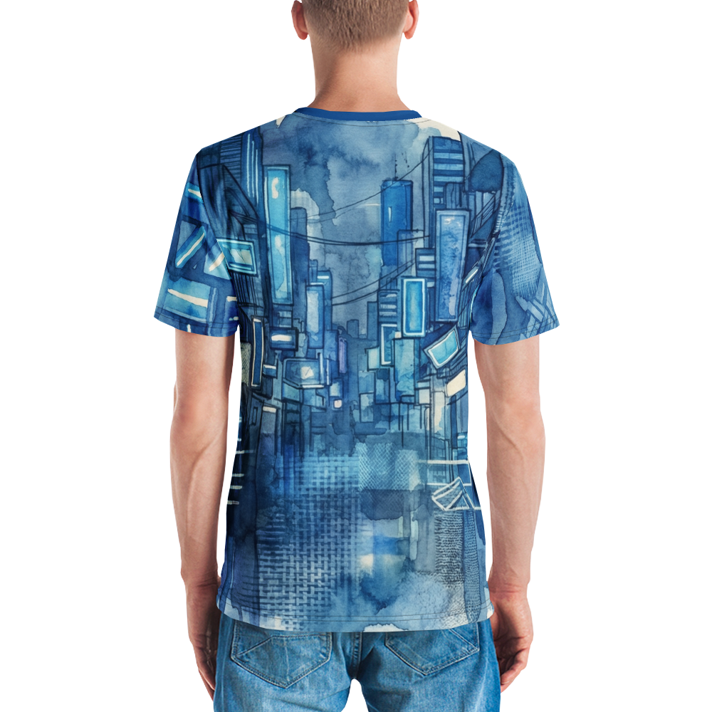 Cyberpunk City Aquarell Blue Rain — Neon Skyline T-Shirt