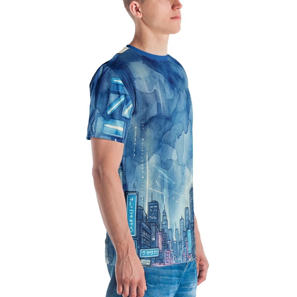 Cyberpunk City Aquarell Blue Rain — Neon Skyline T-Shirt