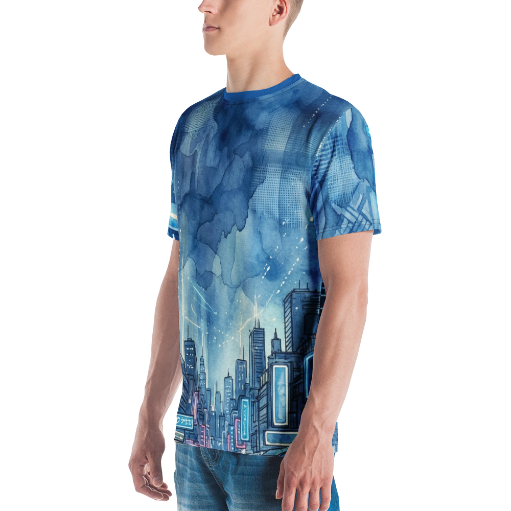 Cyberpunk City Aquarell Blue Rain — Neon Skyline T-Shirt
