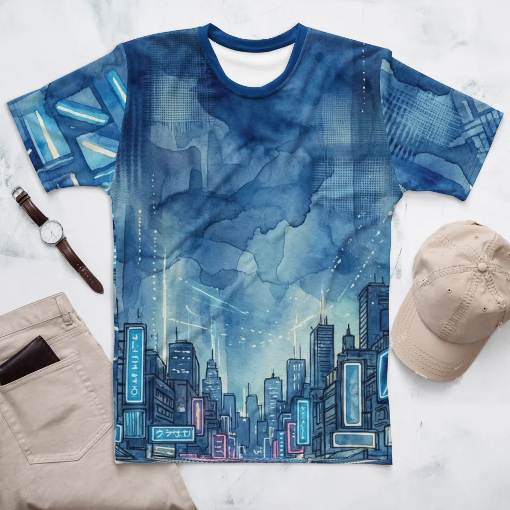 Cyberpunk City Aquarell T-Shirt — Blue Rain Neon — Ansicht 3