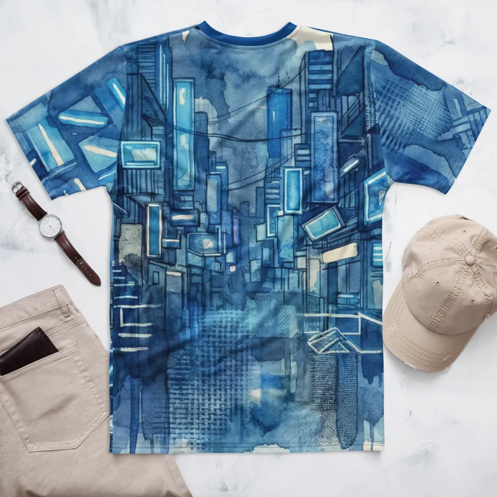 Cyberpunk City Aquarell T-Shirt — Blue Rain Neon — Rückseite