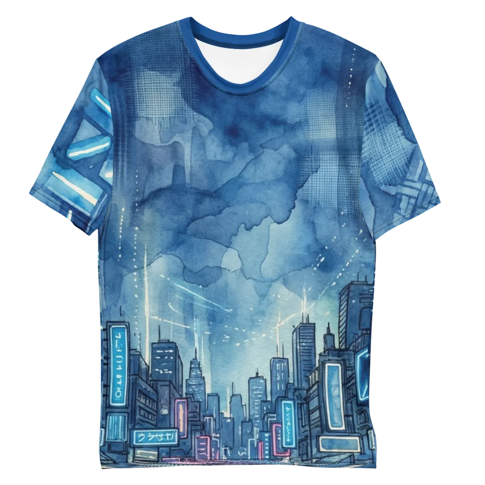 Cyberpunk City Aquarell T-Shirt — Blue Rain Neon