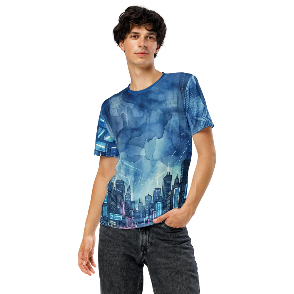 Cyberpunk City Aquarell T-Shirt — Blue Rain Neon — Ansicht 5