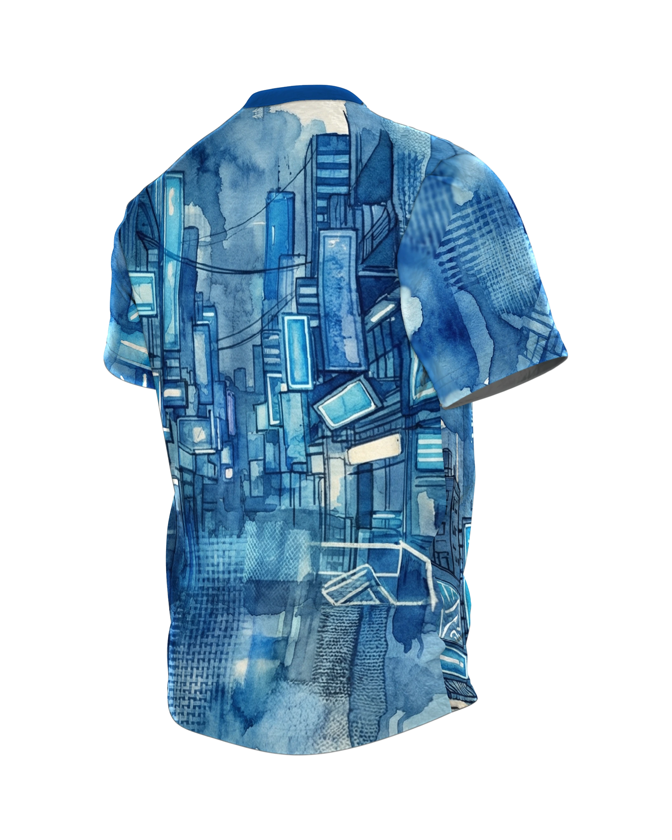 Cyberpunk City Aquarell T-Shirt, Neon-Skyline unter Regenwolken vorn, Gassenblick am Rücken, Rückseite schräg links