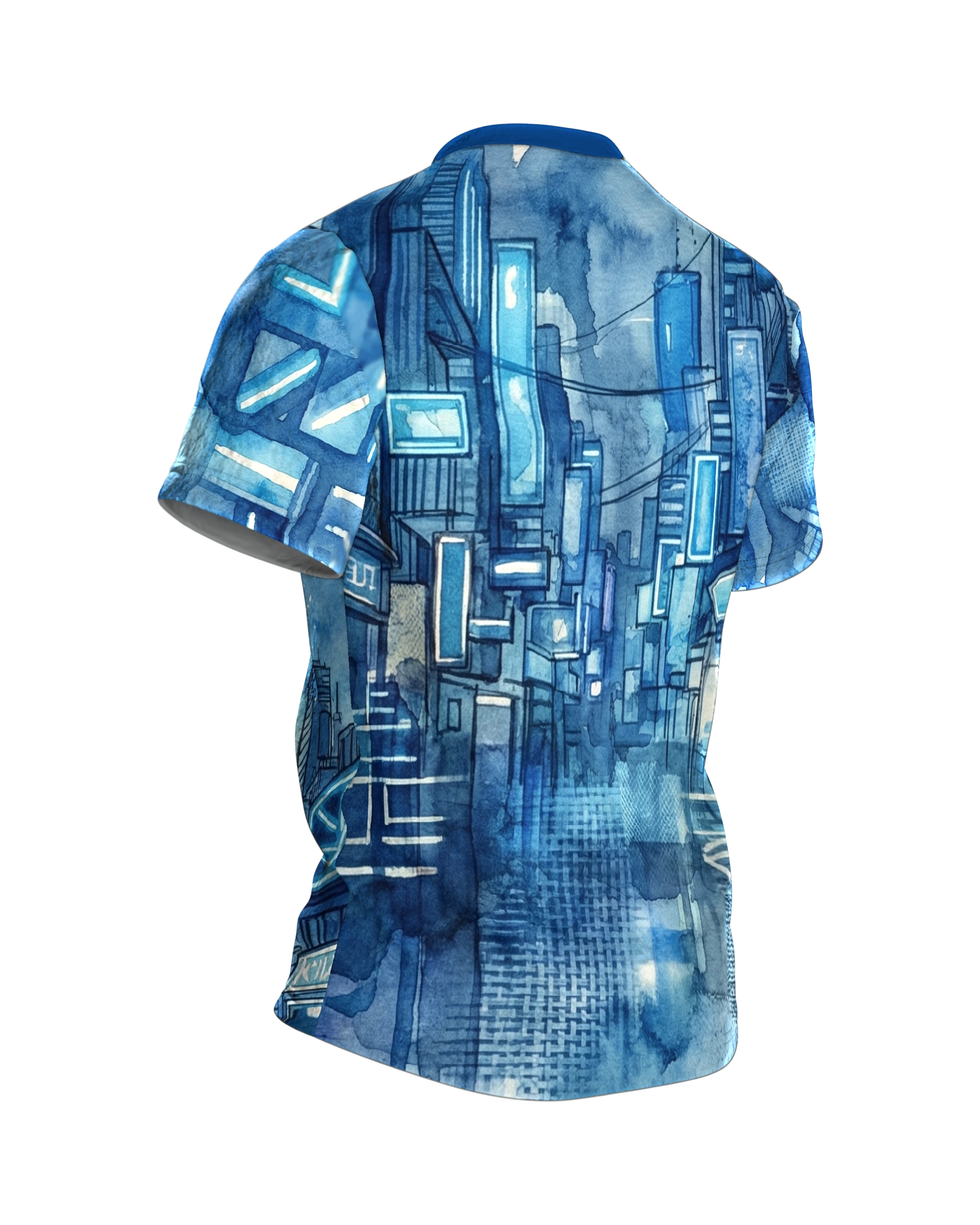 Cyberpunk City Aquarell T-Shirt, Neon-Skyline unter Regenwolken vorn, Gassenblick am Rücken, Rückseite schräg rechts