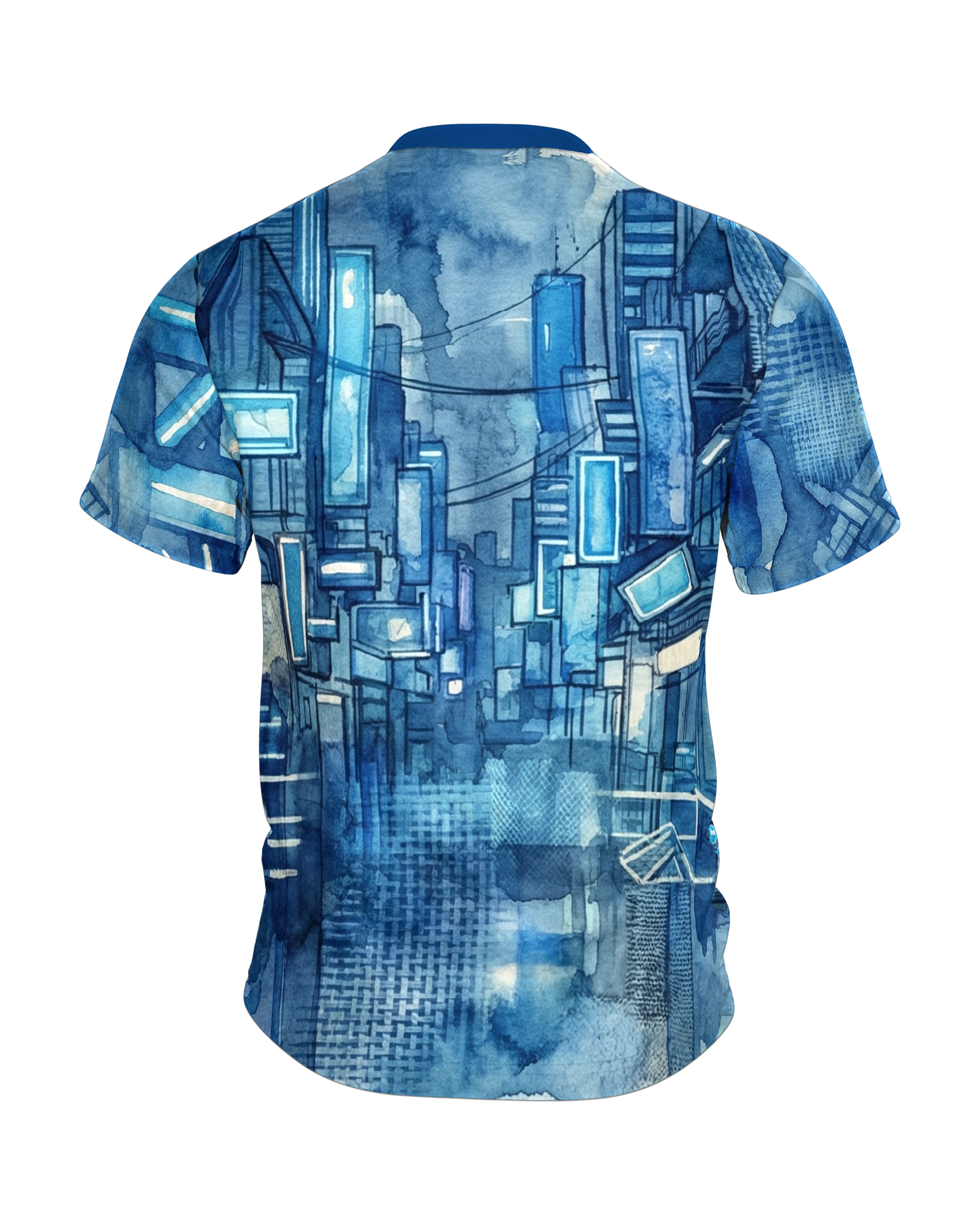 Cyberpunk City Aquarell T-Shirt, Neon-Skyline unter Regenwolken vorn, Gassenblick am Rücken, Rückseite