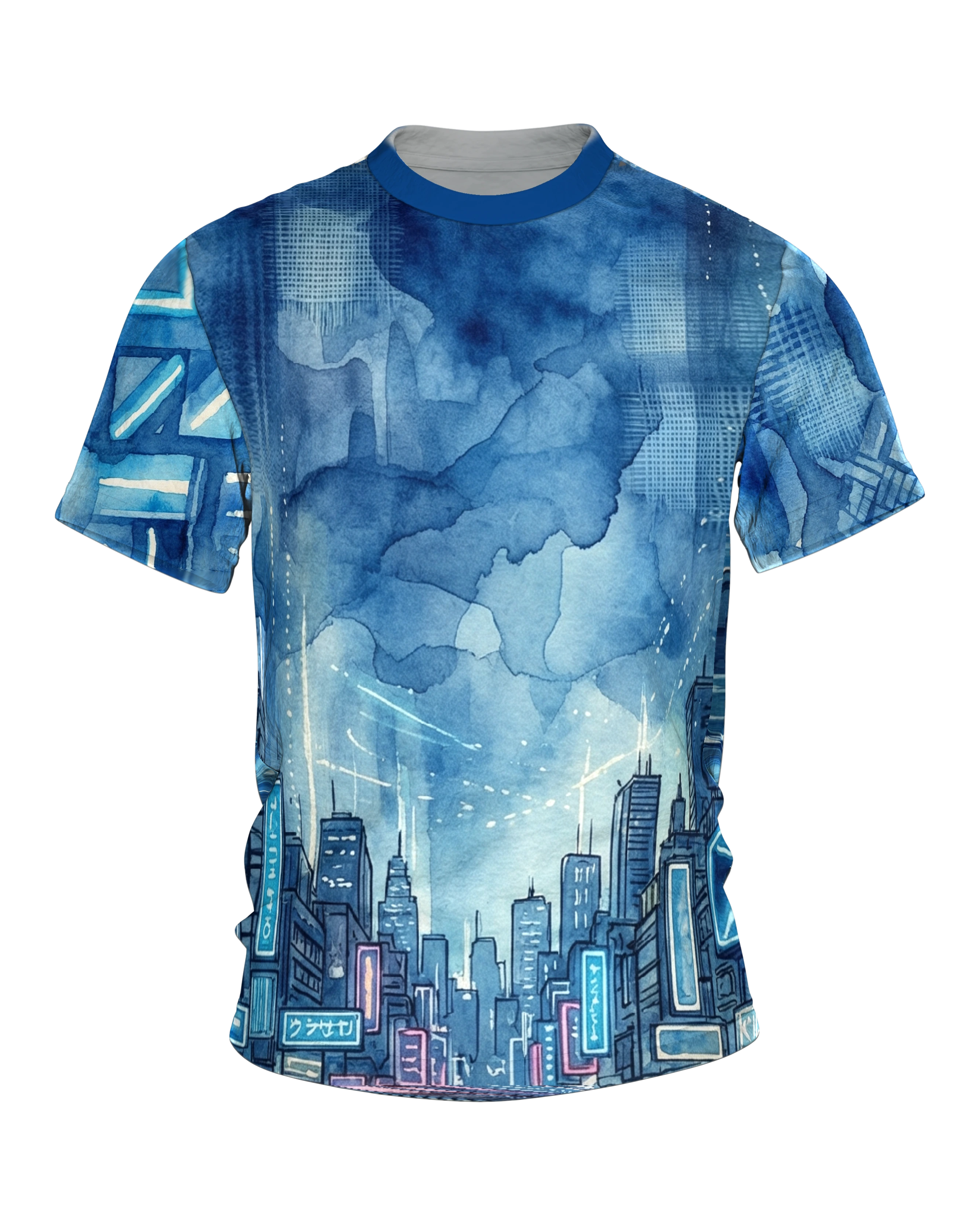 Cyberpunk City Aquarell T-Shirt, Neon-Skyline unter Regenwolken vorn, Gassenblick am Rücken