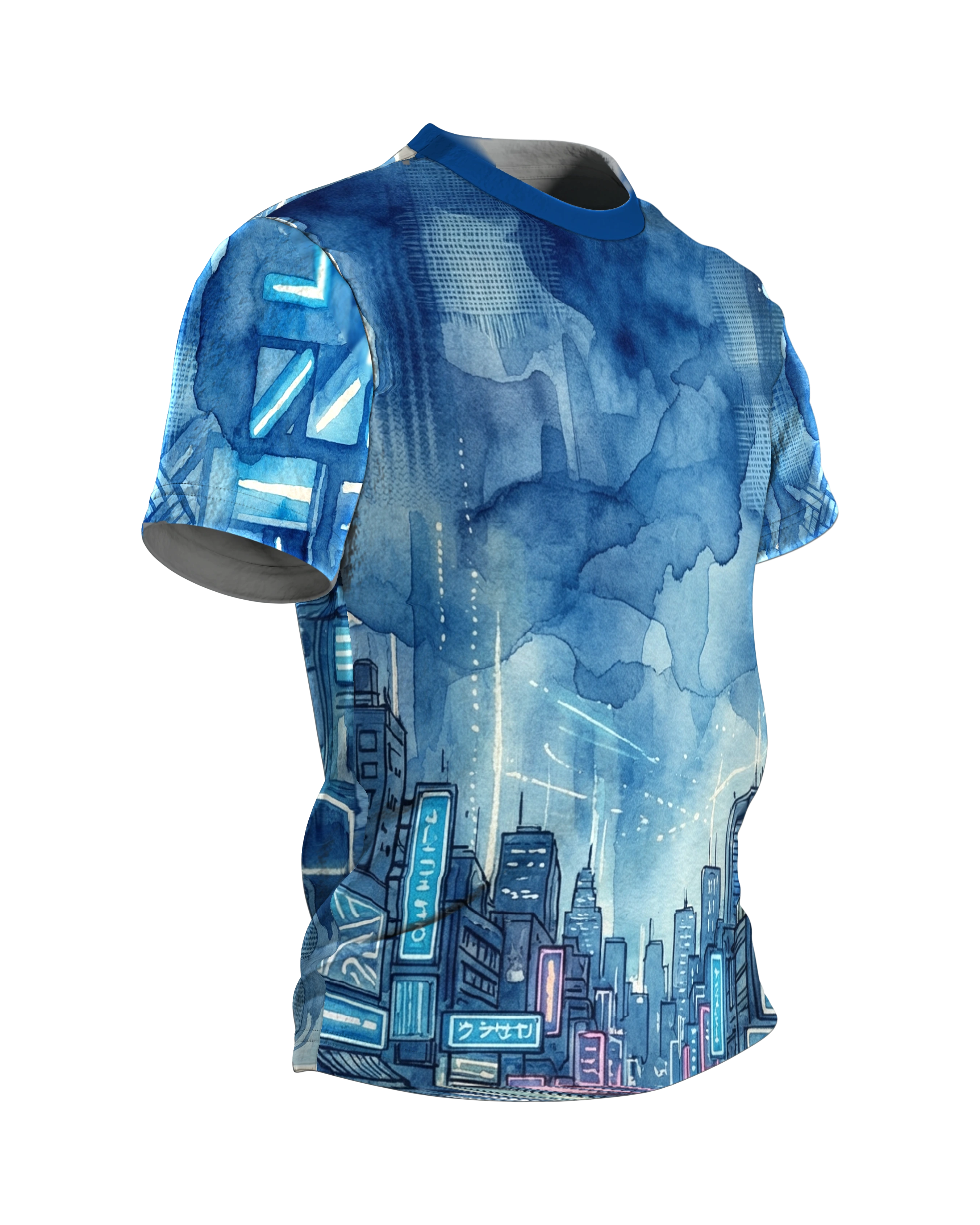 Cyberpunk City Aquarell T-Shirt, Neon-Skyline unter Regenwolken vorn, Gassenblick am Rücken, Seitenansicht links