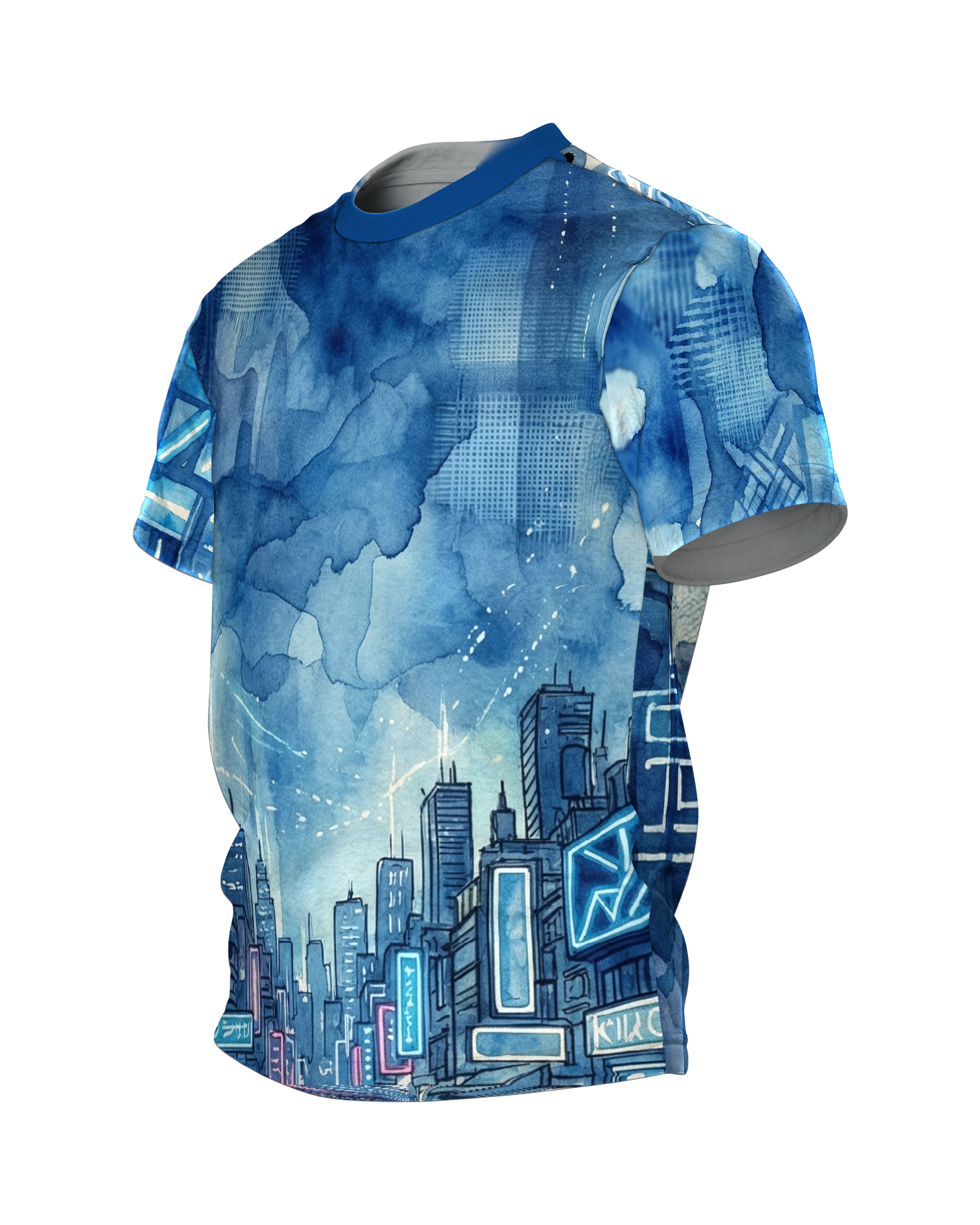 Cyberpunk City Aquarell T-Shirt, Neon-Skyline unter Regenwolken vorn, Gassenblick am Rücken, Seitenansicht rechts