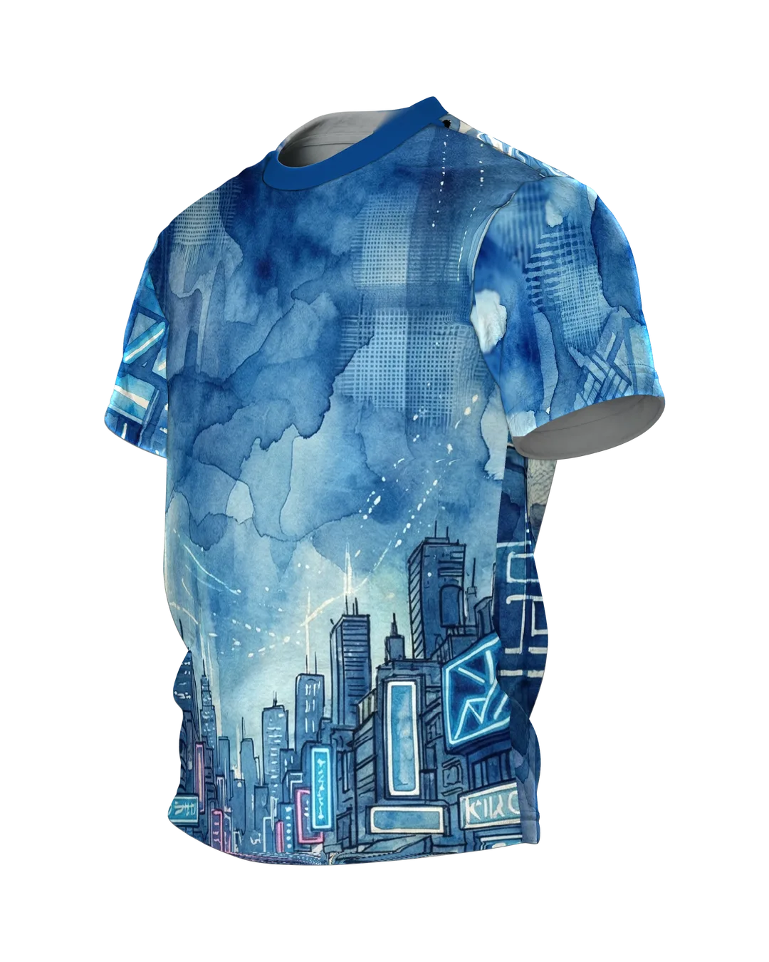 Cyberpunk City Aquarell T-Shirt, Neon-Skyline unter Regenwolken vorn, Gassenblick am Rücken, Seitenansicht rechts