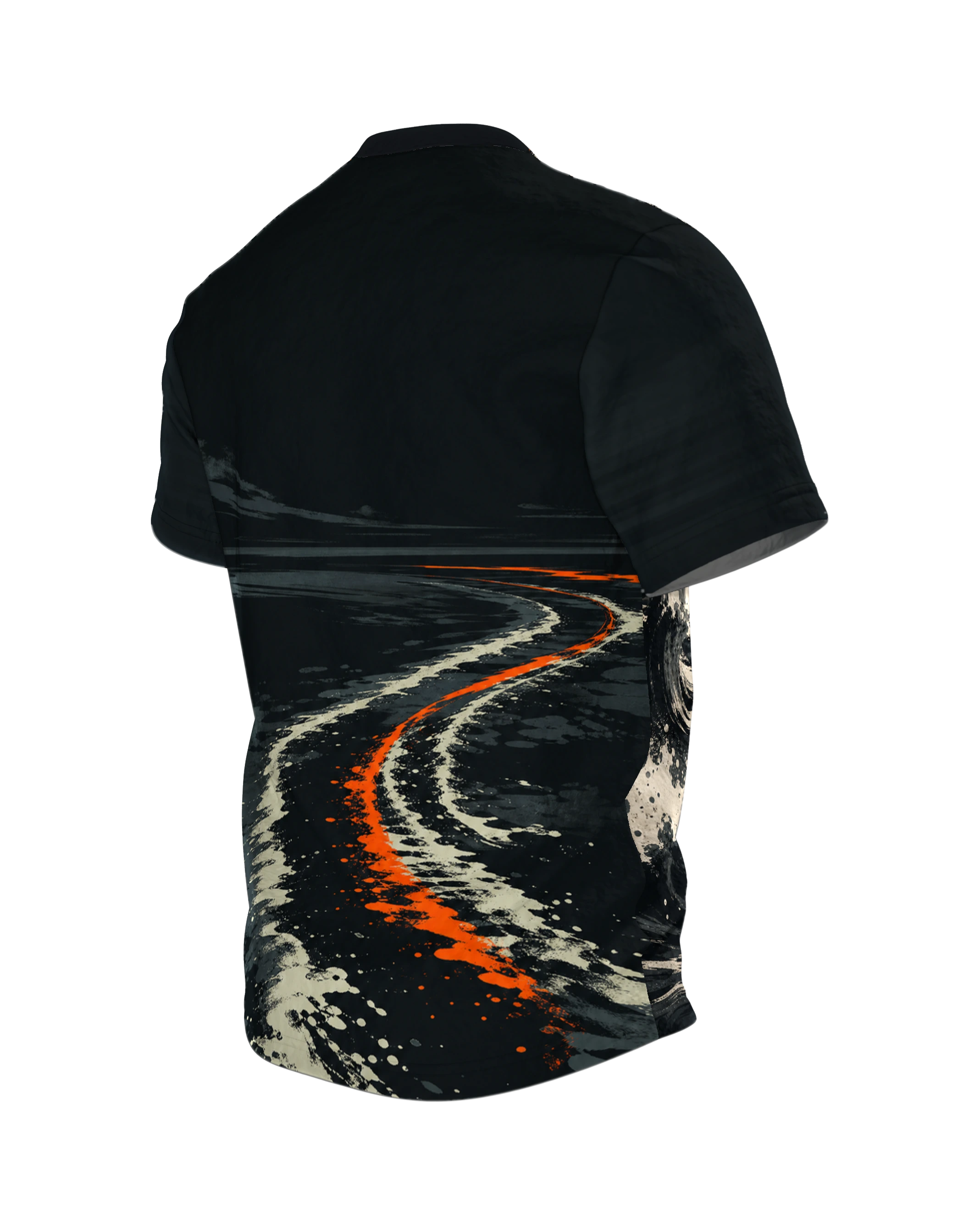 Sturmwelle T-Shirt: Yacht und Haiflosse unter roter Sonne, Rückseite schräg links