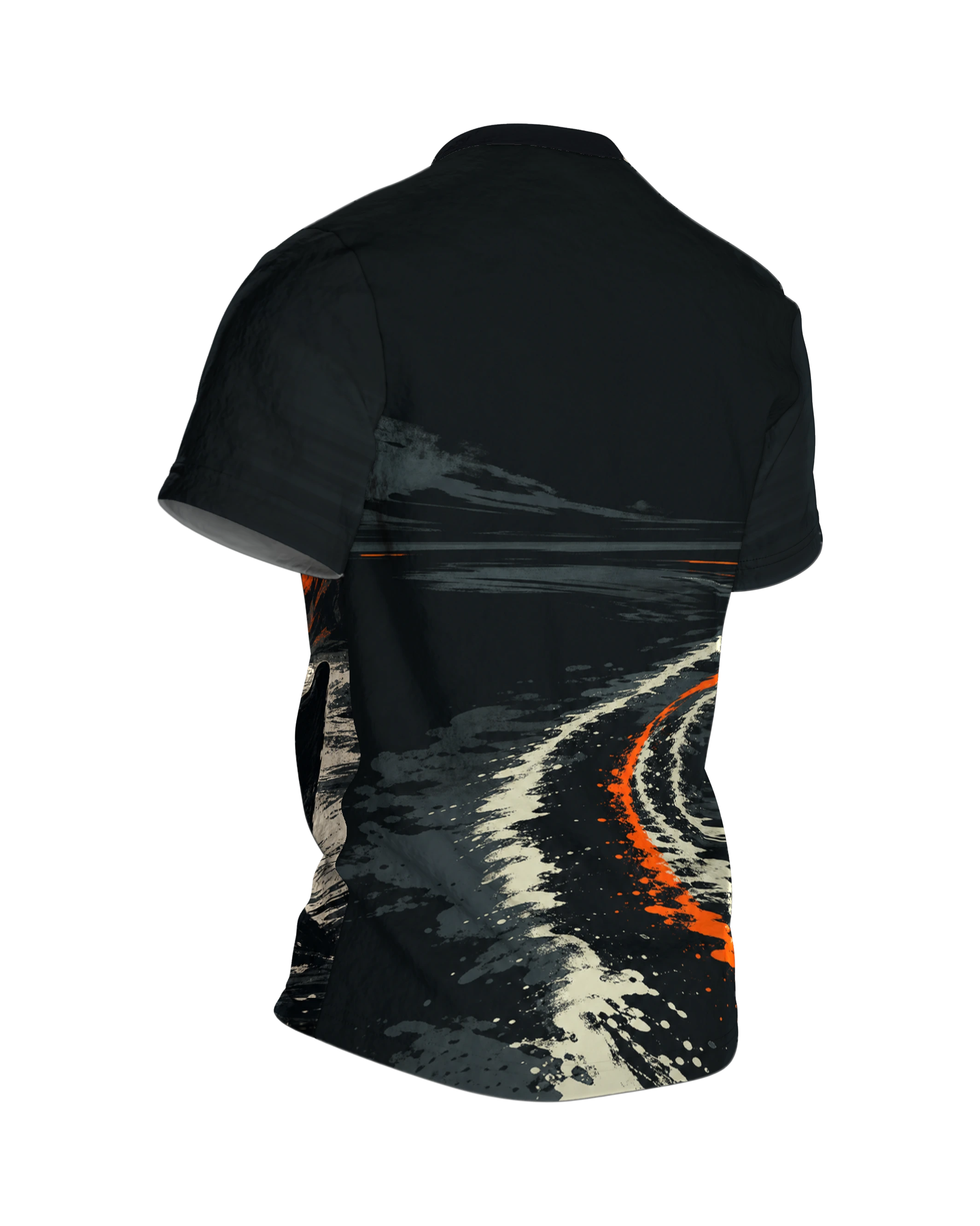 Sturmwelle T-Shirt: Yacht und Haiflosse unter roter Sonne, Rückseite schräg rechts