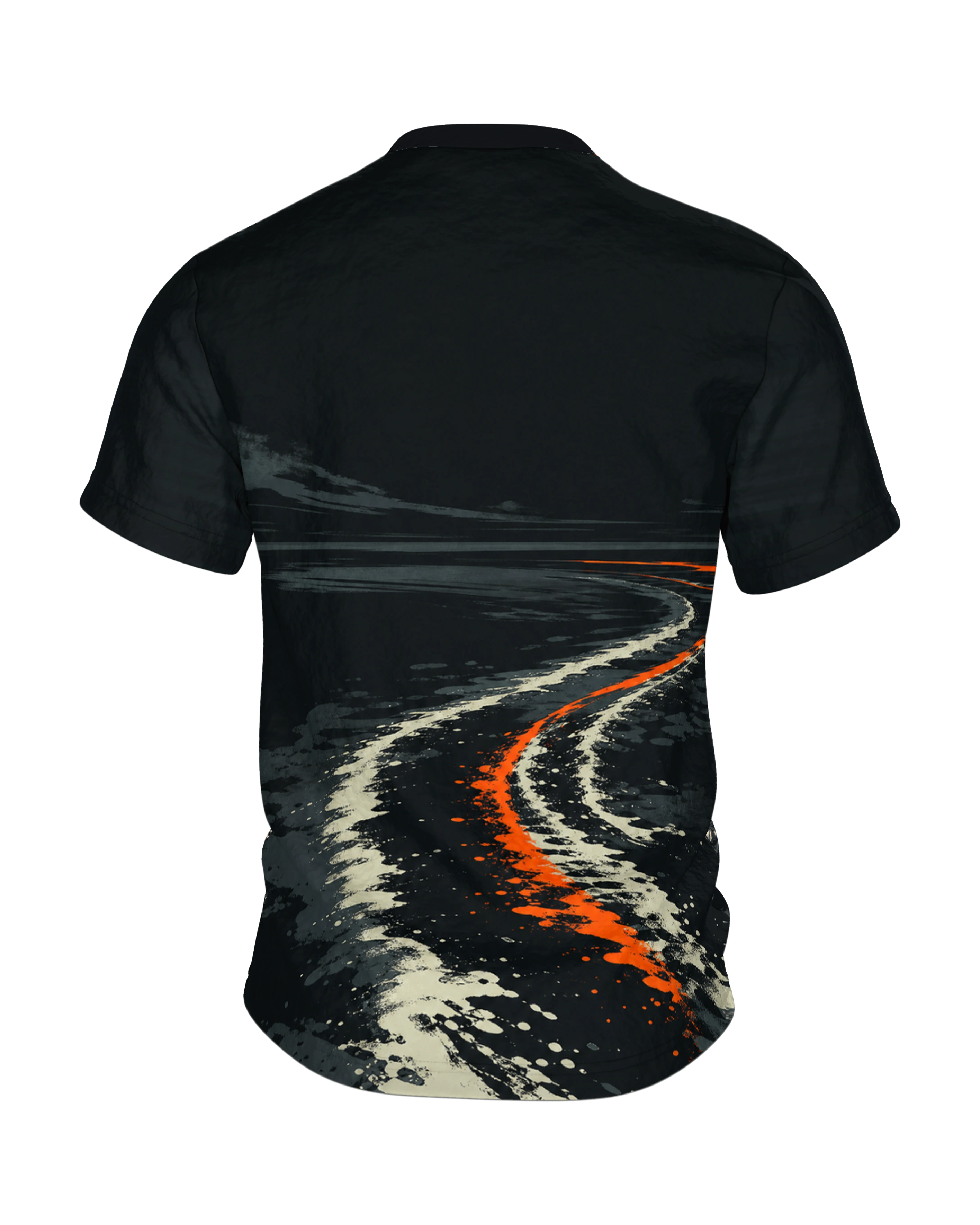 Sturmwelle T-Shirt: Yacht und Haiflosse unter roter Sonne, Rückseite